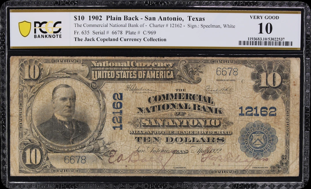 San Antonio, Texas. $10 1902 Plain Back. Fr. 635. Commercial NB. Charter