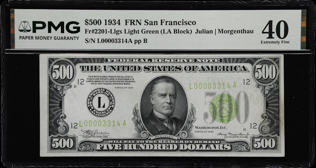 Fr. 2201-Llgs. 1934 Light Green Seal $500 Federal Reserve Note. San