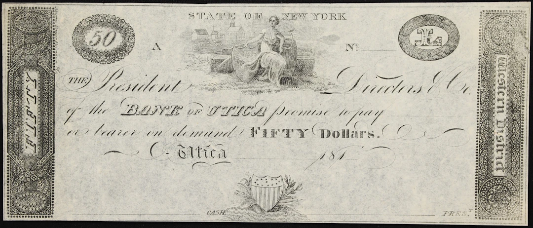 Utica, New York. Bank of Utica. 181x $50. About Uncirculated.