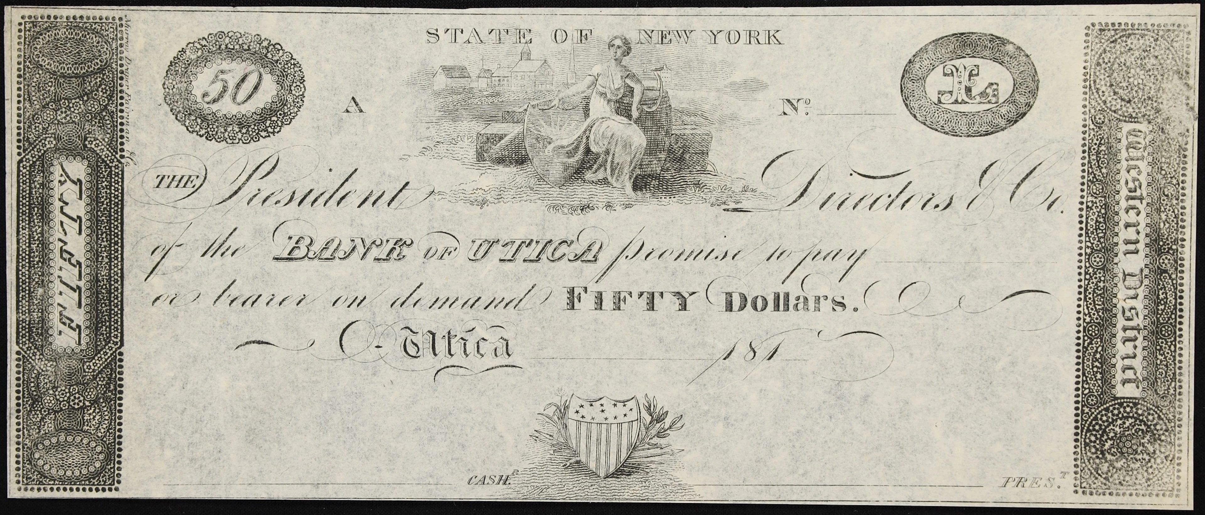 Utica, New York. Bank of Utica. 181x $50. About Uncirculated.