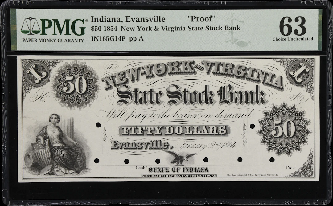 Evansville, Indiana. New York & Virginia Stock Bank. 1854 $50. PMG