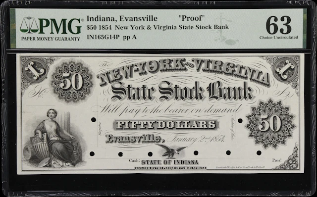 Evansville, Indiana. New York & Virginia Stock Bank. 1854 $50. PMG