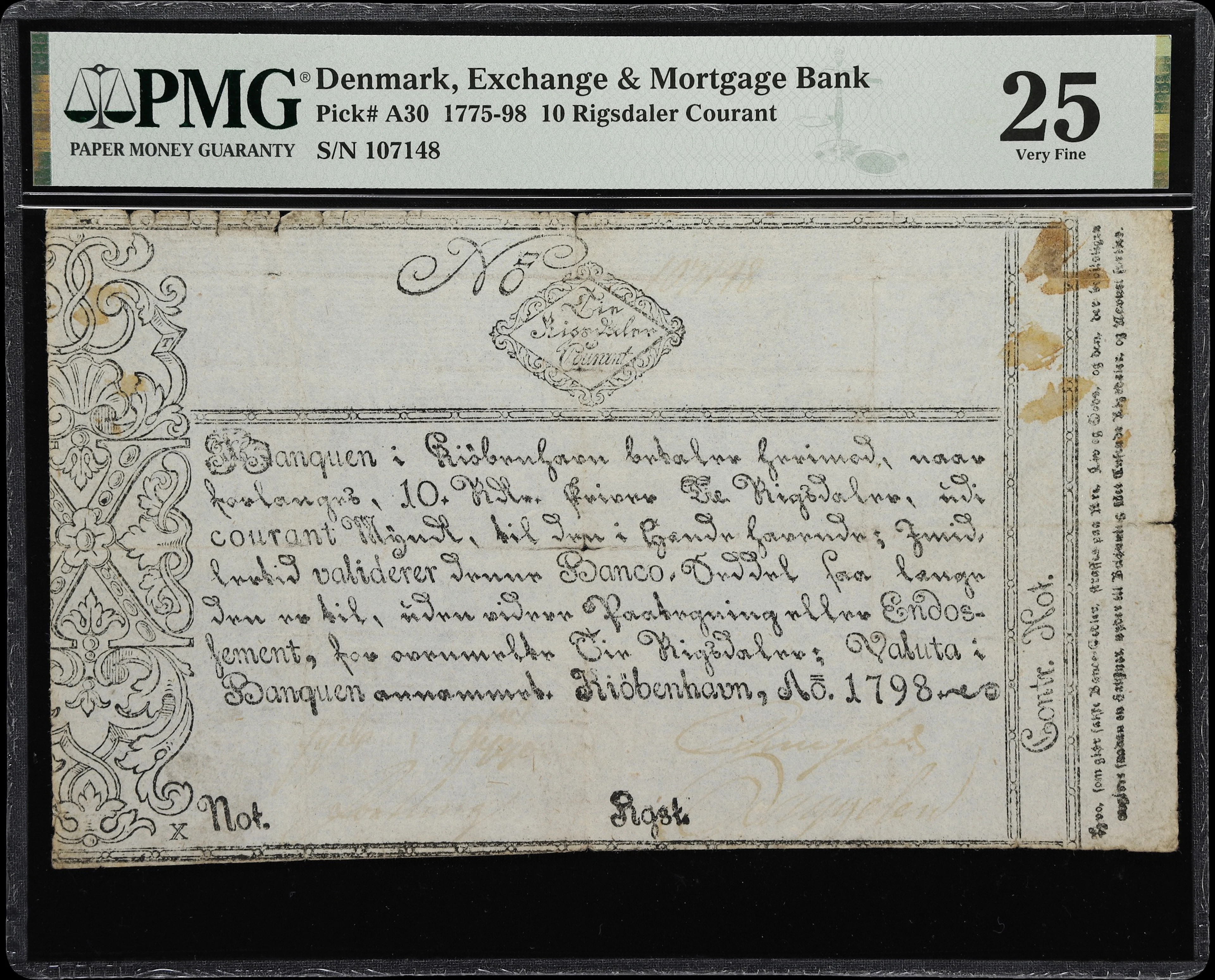 (◊) DENMARK. Exchange & Mortgage Bank. 10 Rigsdaler Courant, 1798.