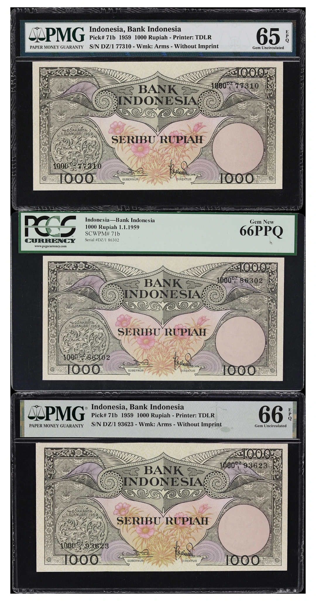 INDONESIA. Lot of (3). Bank Indonesia. 1000 Rupiah, 1.1.1959. P-71b.