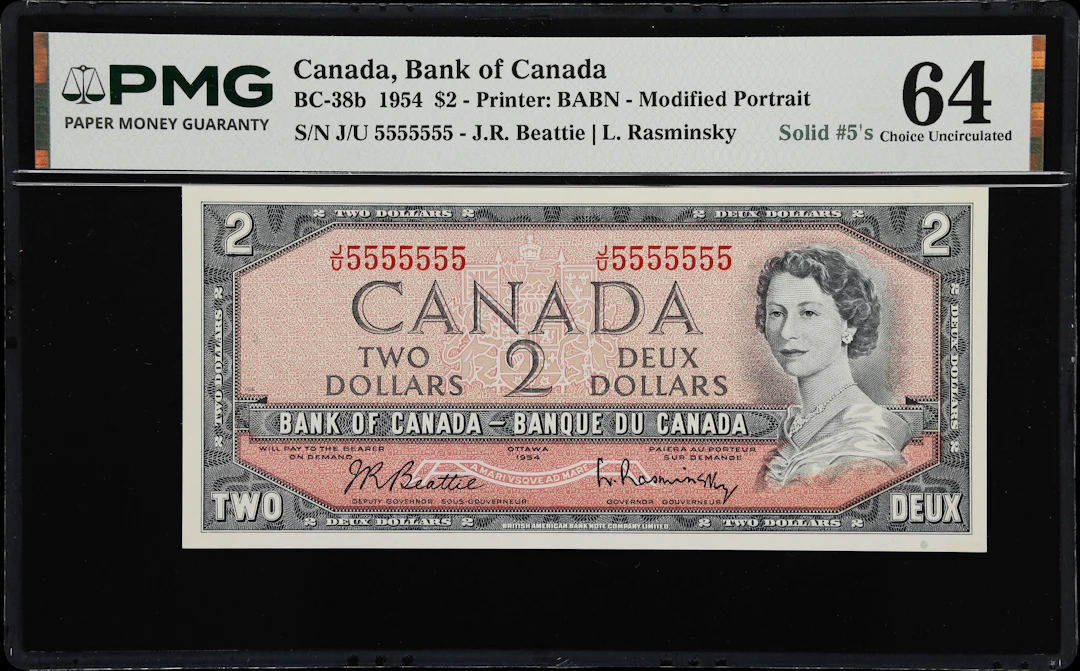 CANADA--FANCY SERIAL NUMBERS. Bank of Canada. 2 Dollars, 1954. BC-38b.