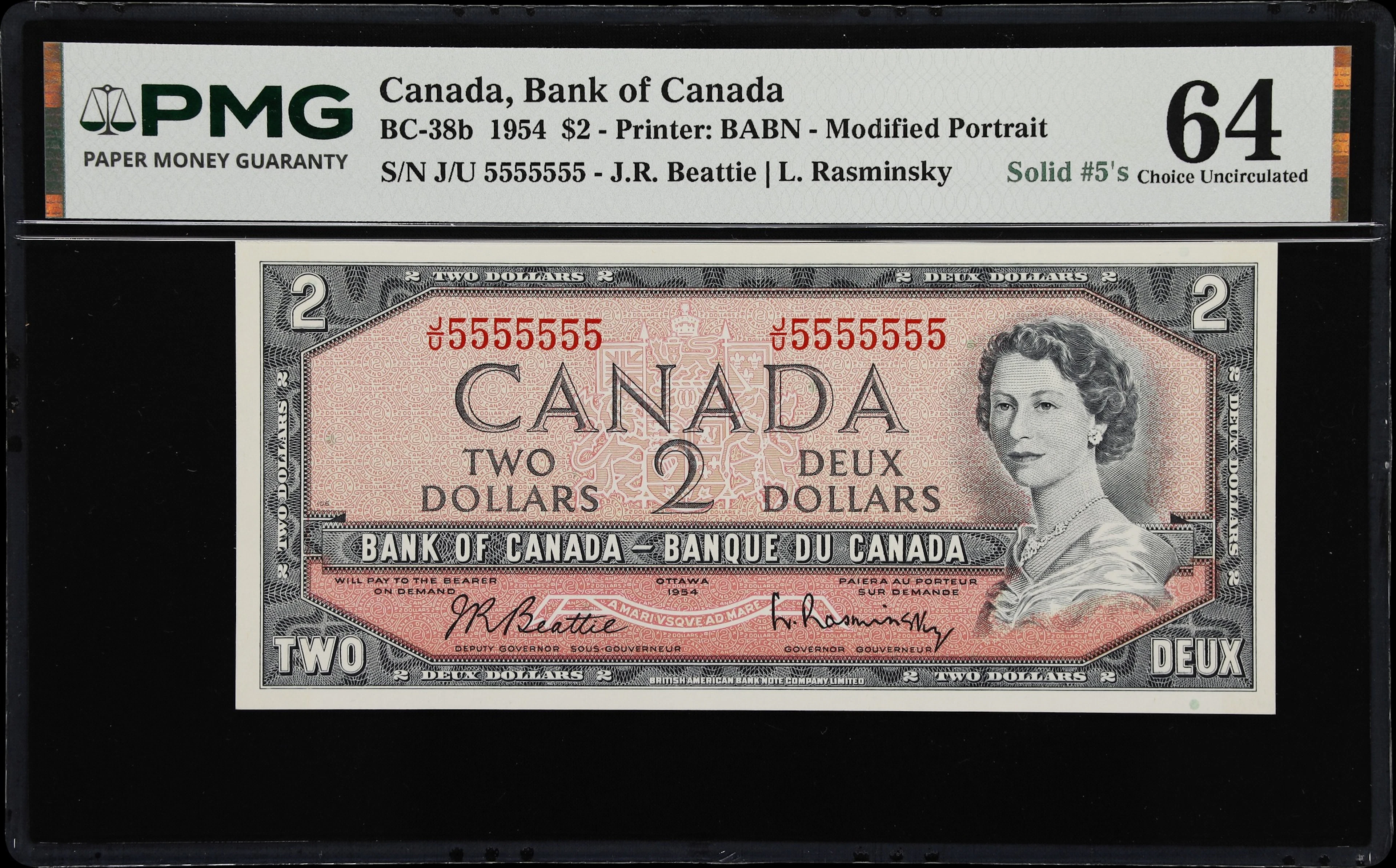 CANADA--FANCY SERIAL NUMBERS. Bank of Canada. 2 Dollars, 1954. BC-38b.