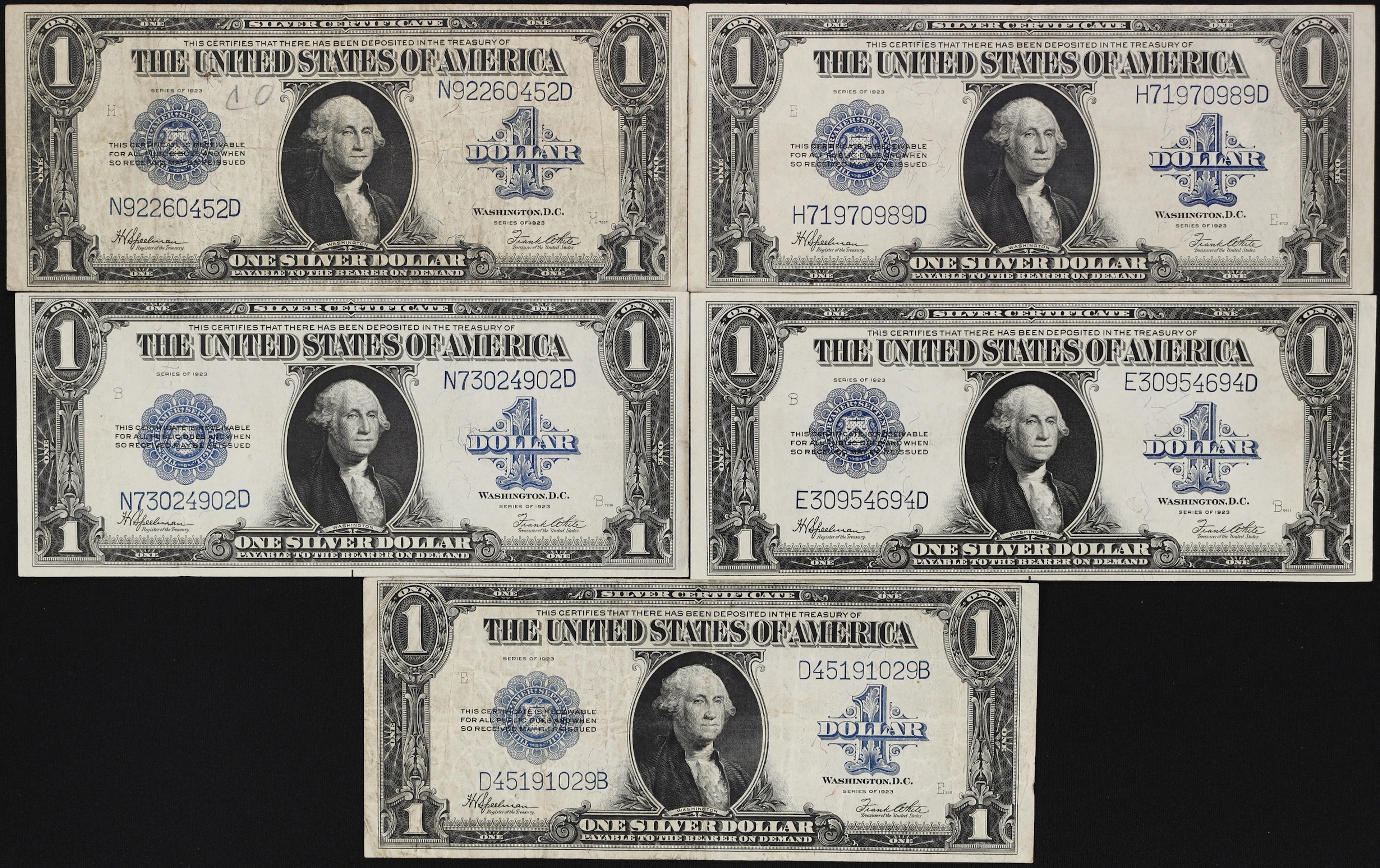 Lot of (5) Fr. 237. 1923 $1 Silver Certificates. Fine to Very Fine.