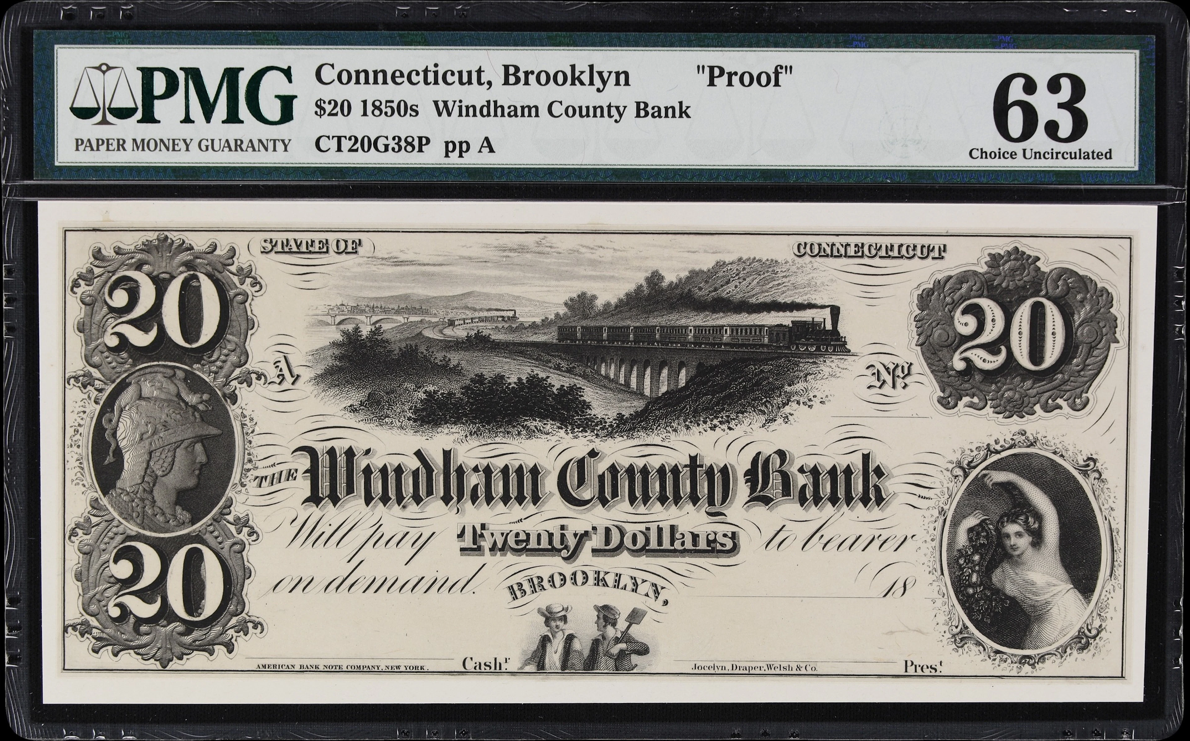 Brooklyn, Connecticut. Windham County Bank. 18xx $20. PMG Choice Uncirculated