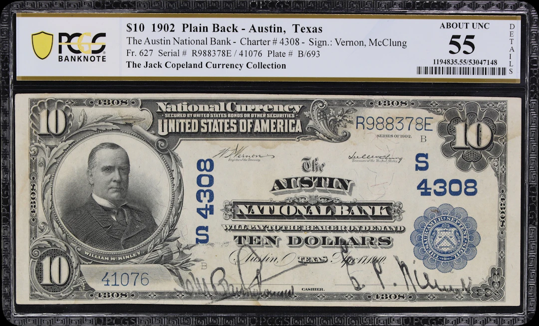 Austin, Texas. $10 1902 Plain Back. Fr. 627. Austin NB. Charter #4308.