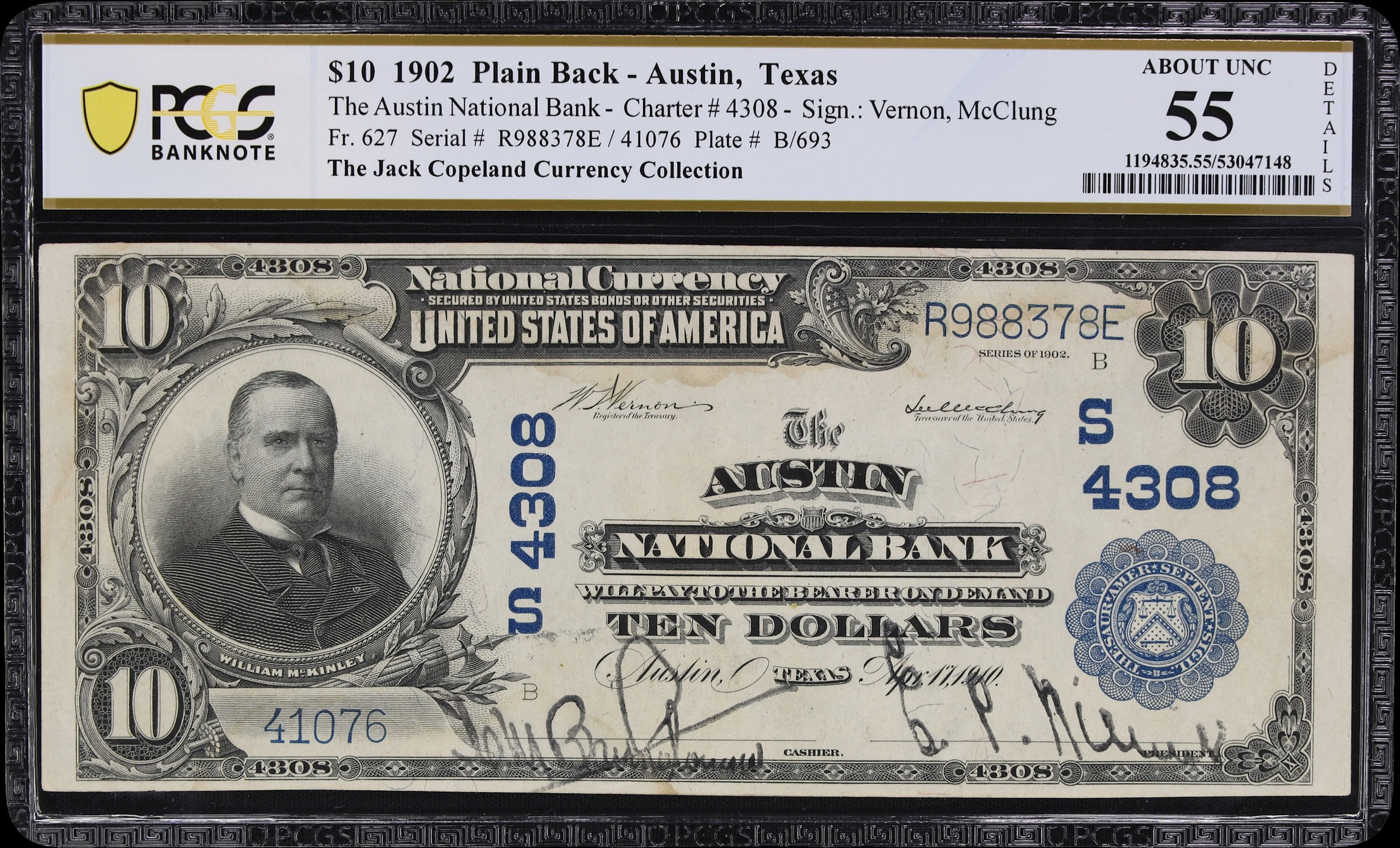 Austin, Texas. $10 1902 Plain Back. Fr. 627. Austin NB. Charter #4308.