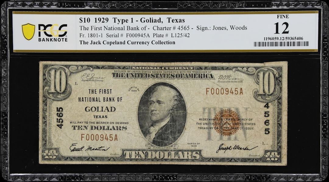 Goliad, Texas. $10 1929 Ty. 1. Fr. 1801-1. First NB. Charter #4565.