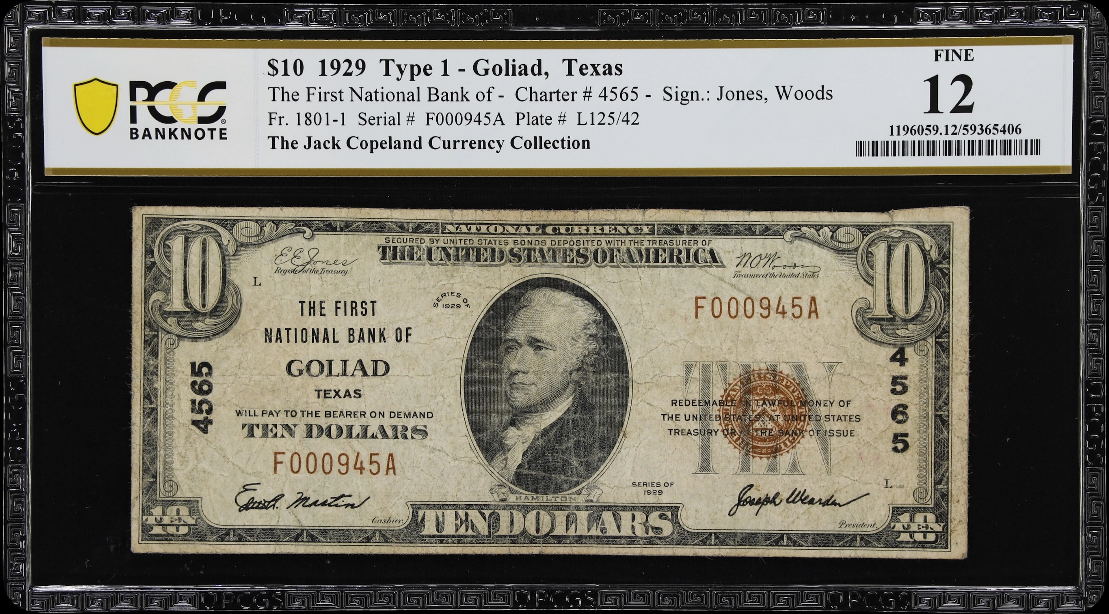 Goliad, Texas. $10 1929 Ty. 1. Fr. 1801-1. First NB. Charter #4565.