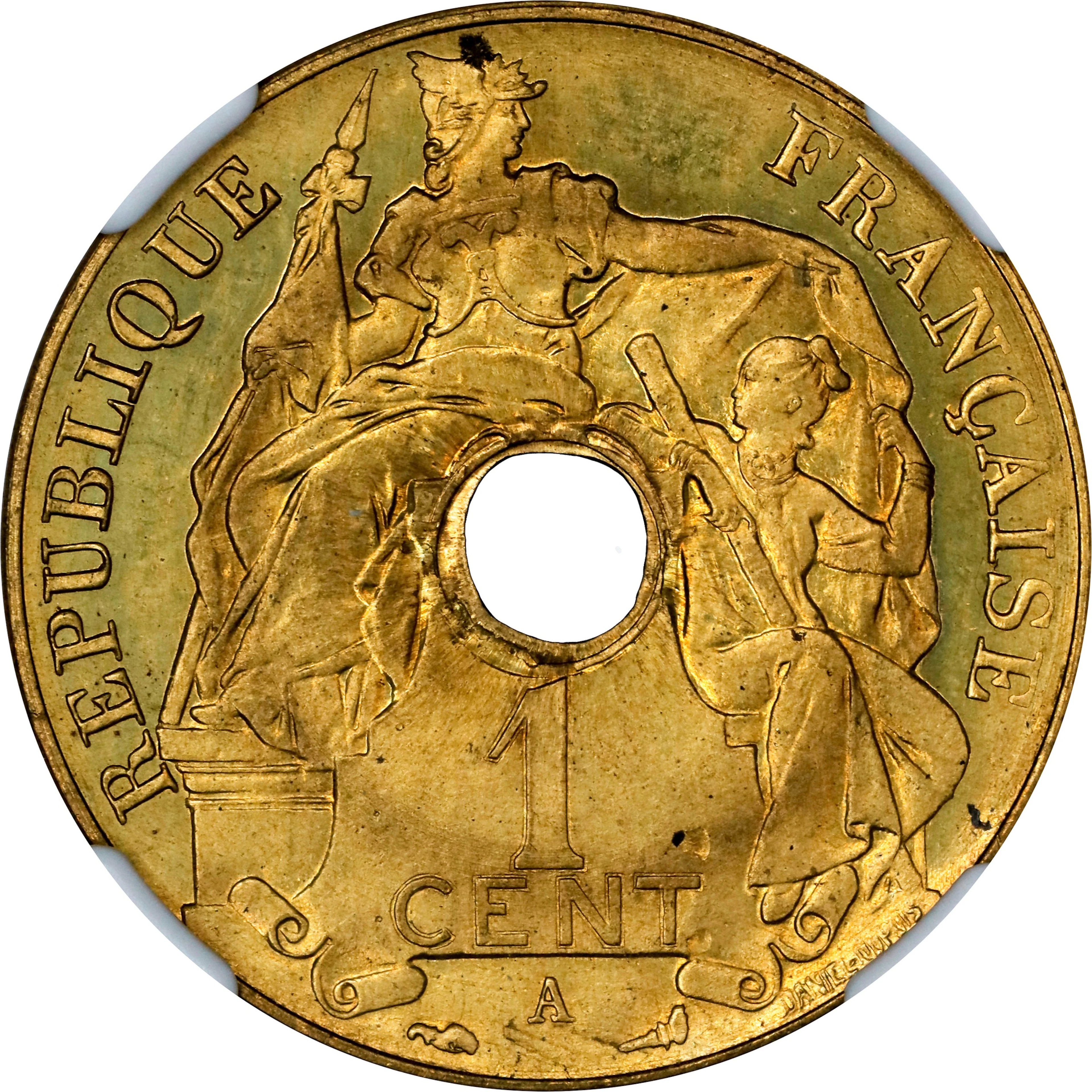 FRENCH INDO-CHINA. Brass Centime Essai (Pattern), 1910-A. Paris Mint.