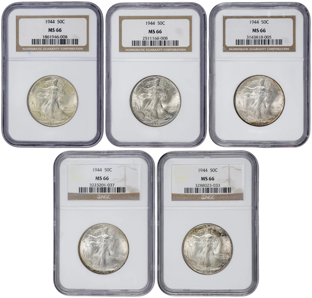 Lot of (5) 1944 Walking Liberty Half Dollars. MS-66 (NGC).