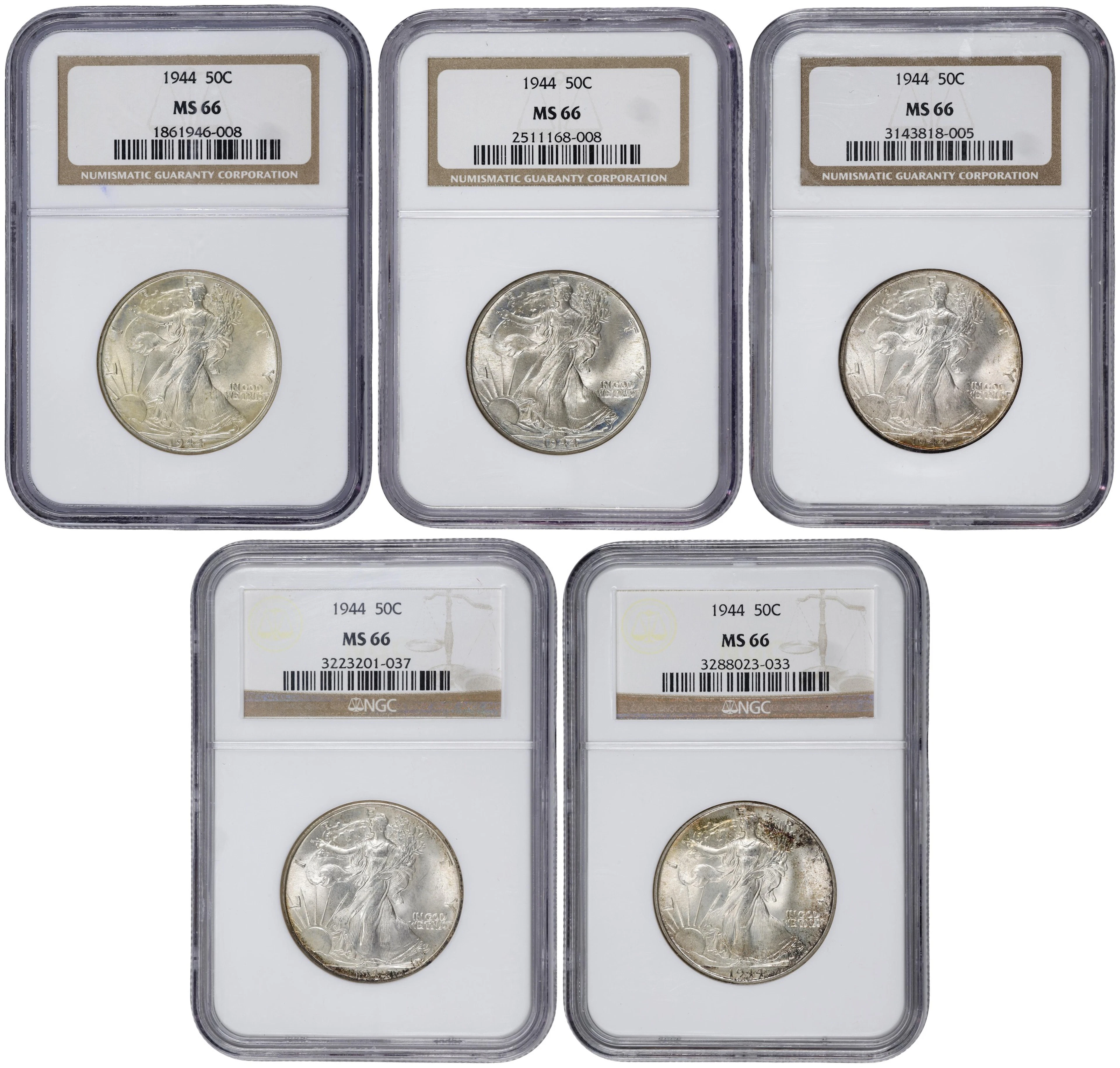 Lot of (5) 1944 Walking Liberty Half Dollars. MS-66 (NGC).