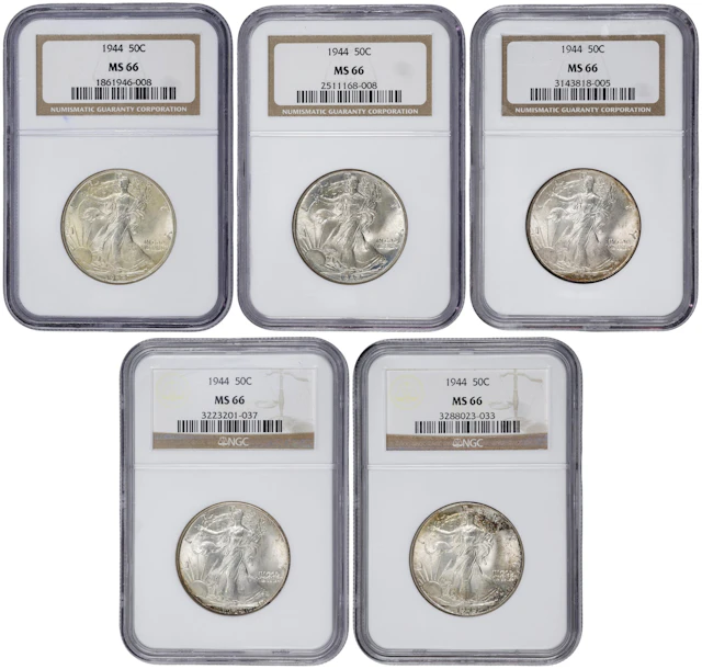 Lot of (5) 1944 Walking Liberty Half Dollars. MS-66 (NGC).