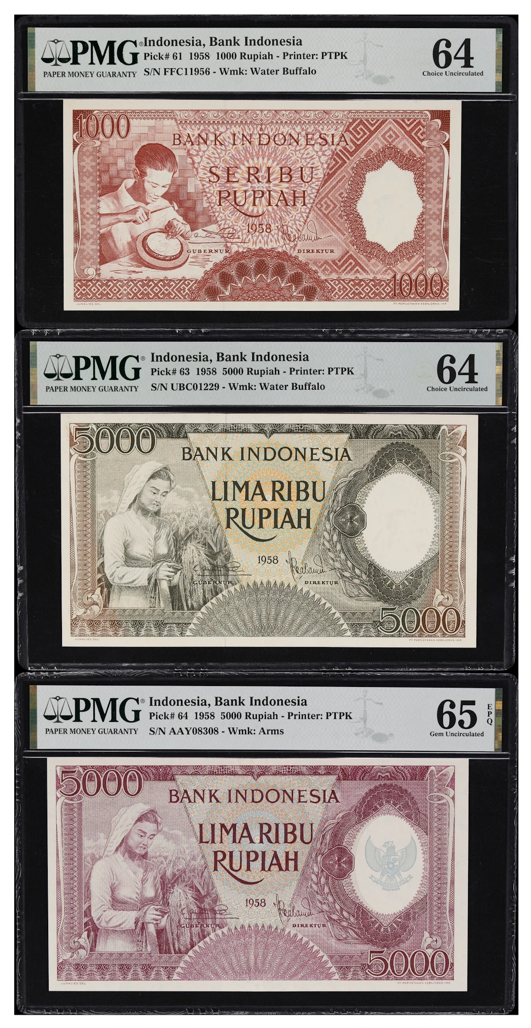 INDONESIA. Lot of (3). Bank Indonesia. 1000 & 5000 Rupiah, 1958. P-61