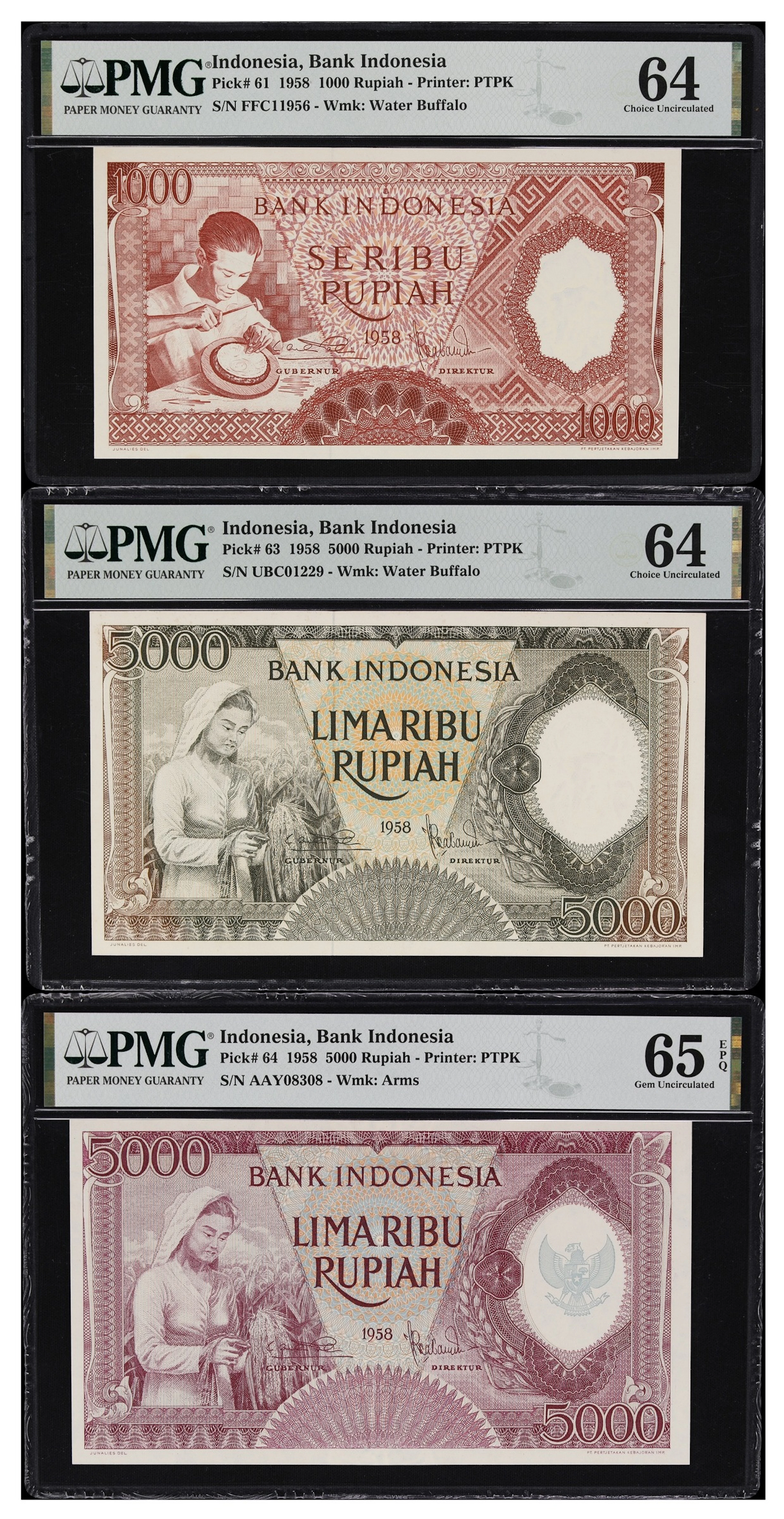 INDONESIA. Lot of (3). Bank Indonesia. 1000 & 5000 Rupiah, 1958. P-61