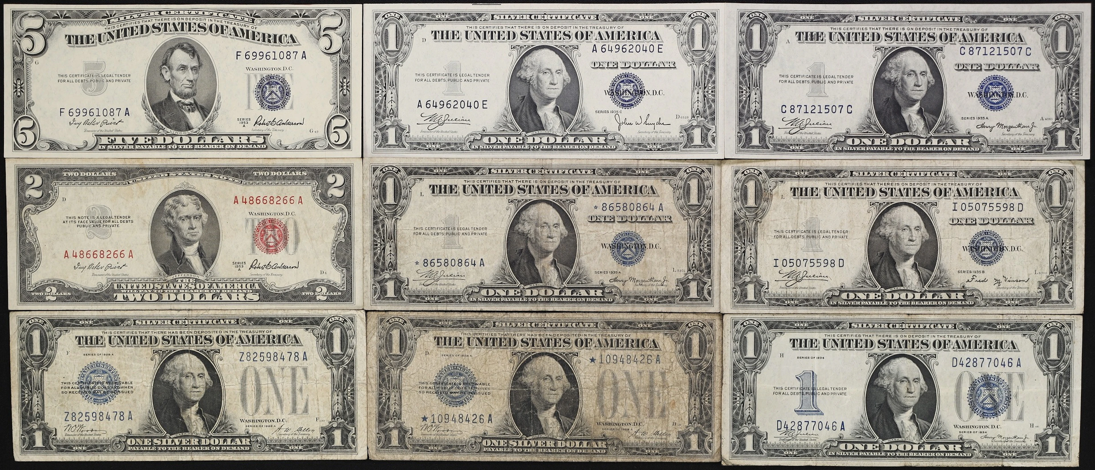 Lot of (9) Mixed Friedbergs. 1928A - 53 $1, $2, & $5 Mixed Small Size