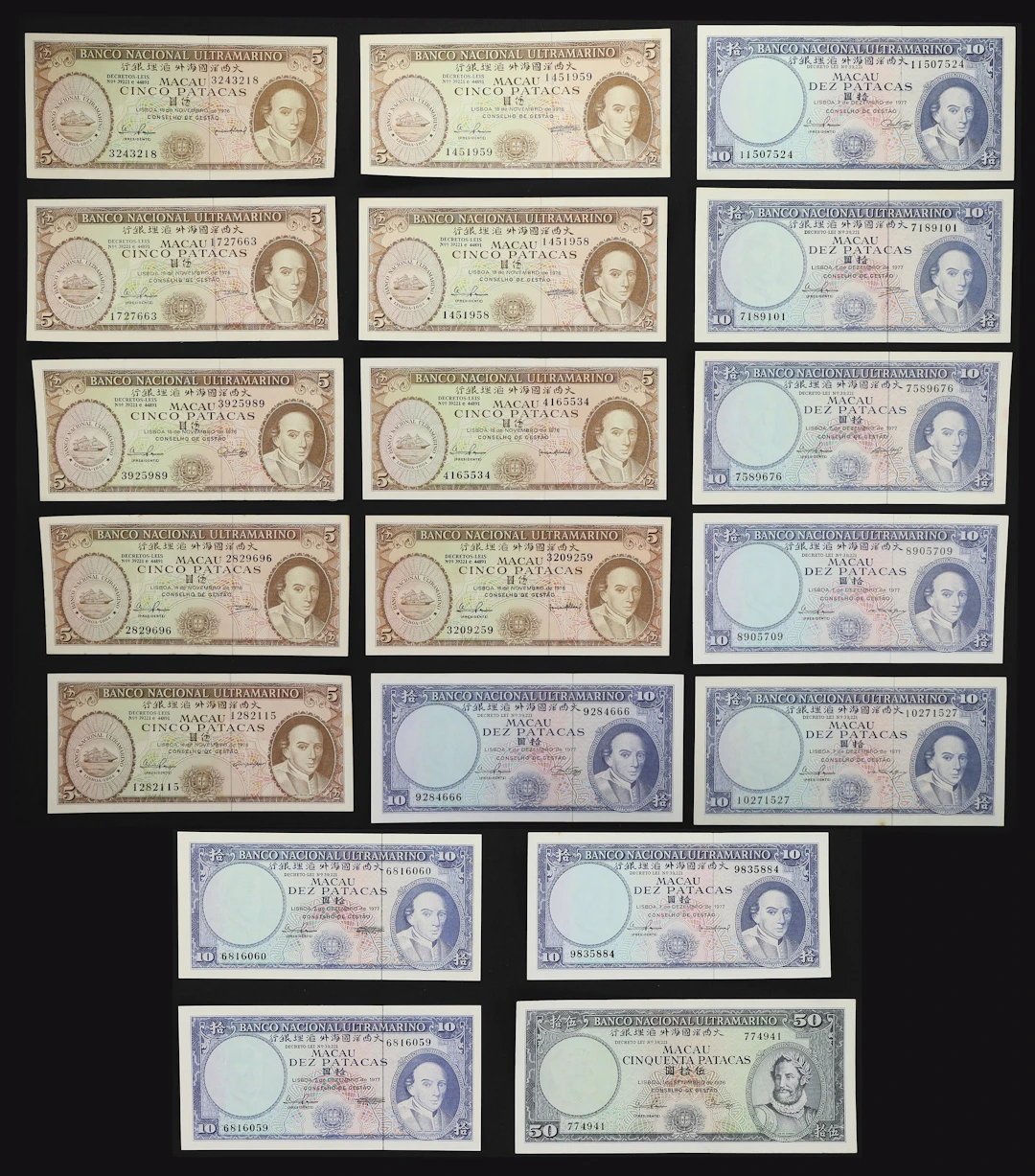 MACAU (SAR). Lot of (19). Banco Nacional Ultramarino. 5, 10, & 50