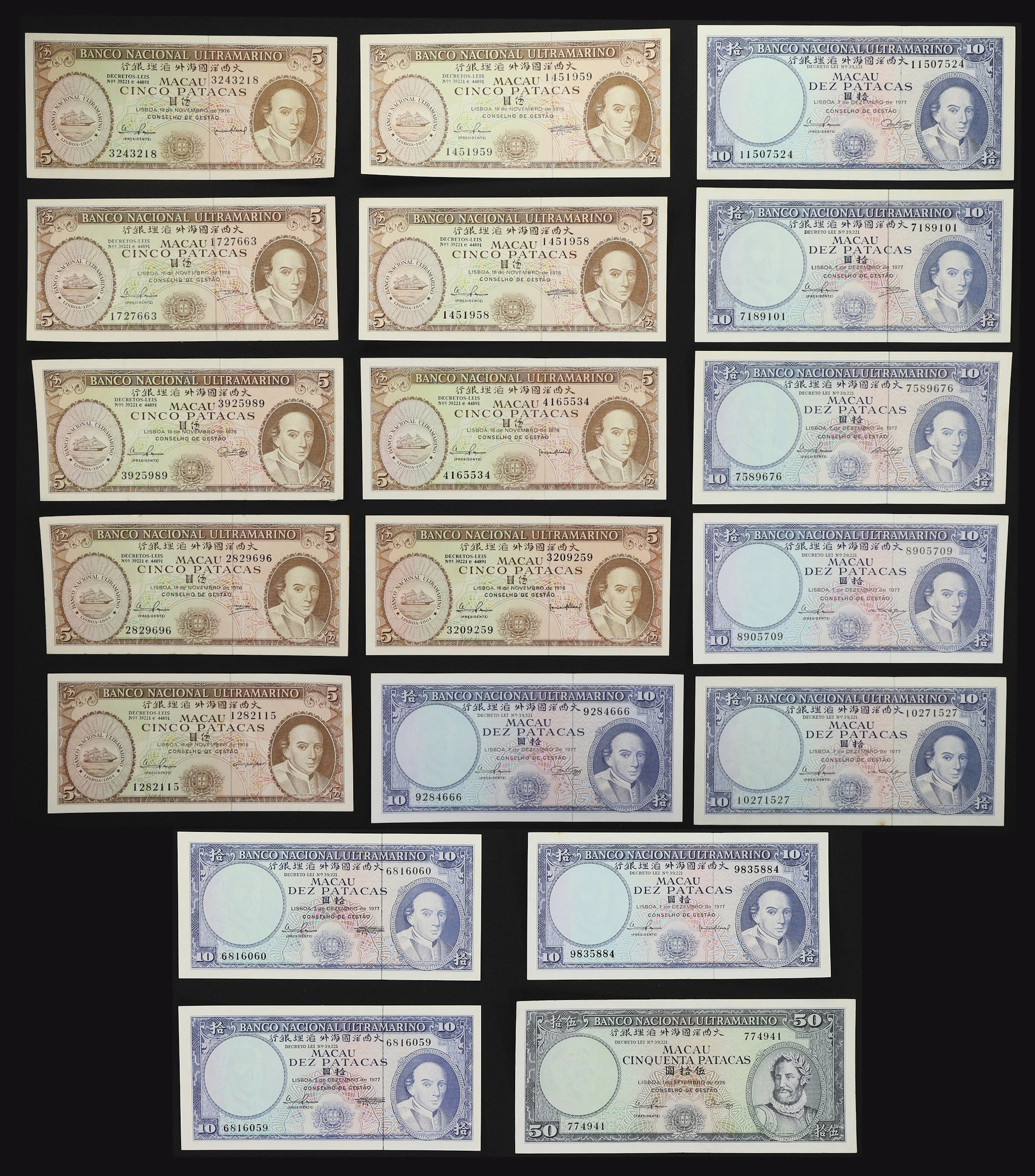 MACAU (SAR). Lot of (19). Banco Nacional Ultramarino. 5, 10, & 50
