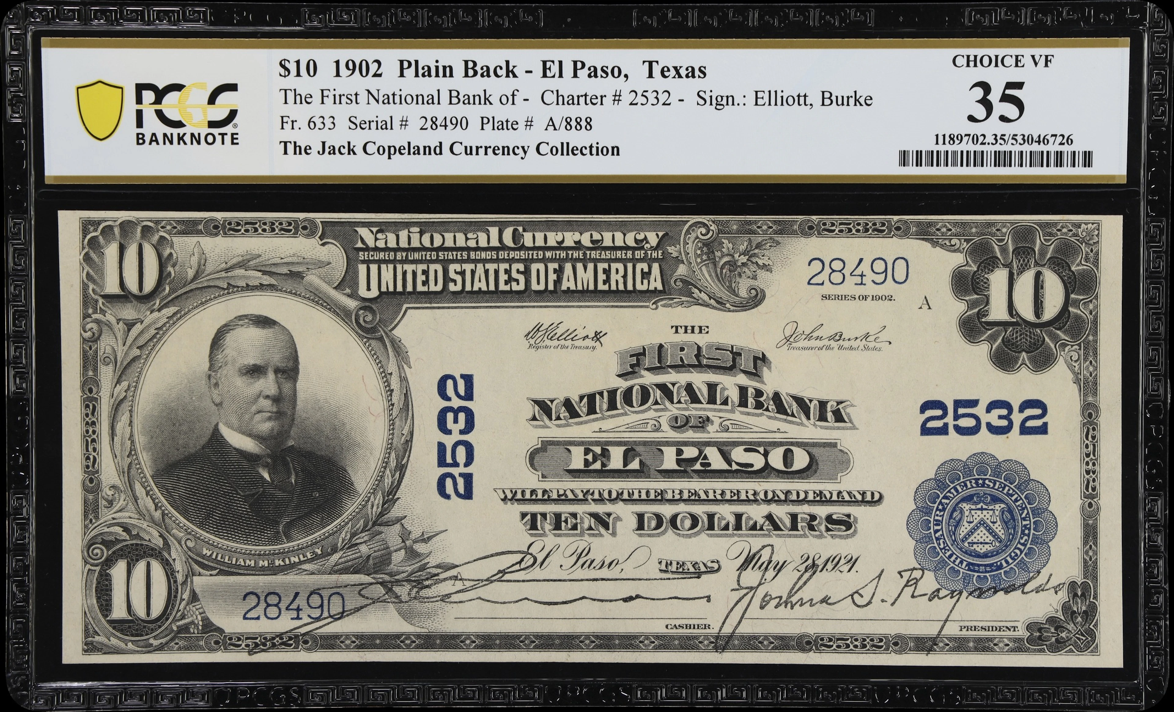 El Paso, Texas. $10 1902 Plain Back. Fr. 633. First NB. Charter #2532.