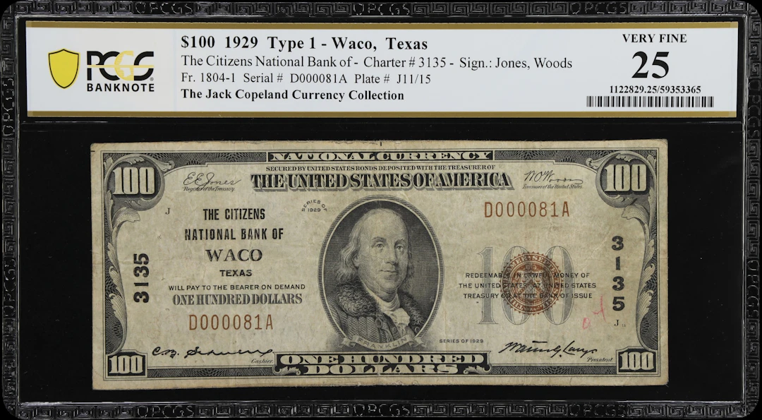 Waco, Texas. $100 1929 Ty. 1. Fr. 1804-1. Citizens NB. Charter #3135.