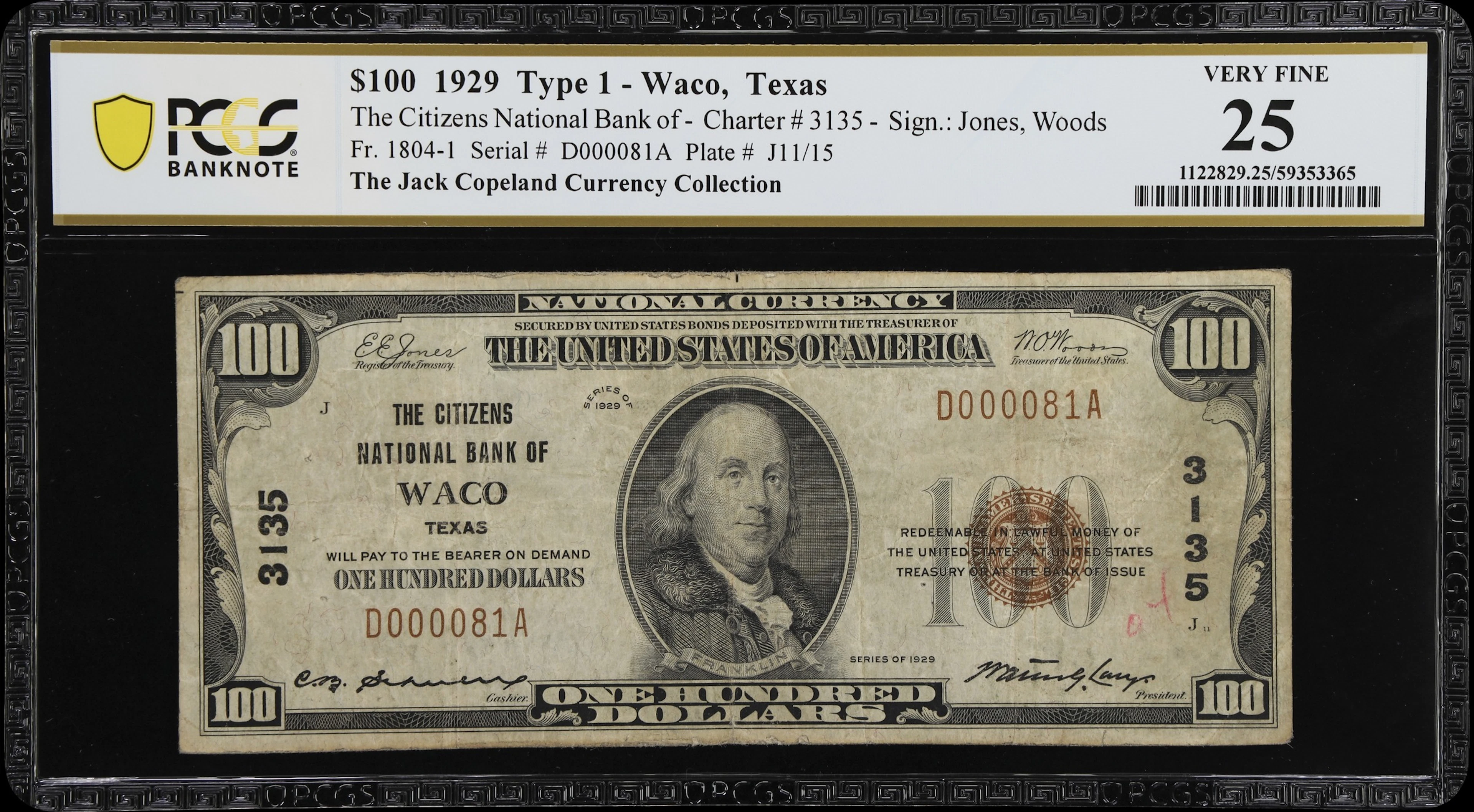 Waco, Texas. $100 1929 Ty. 1. Fr. 1804-1. Citizens NB. Charter #3135.