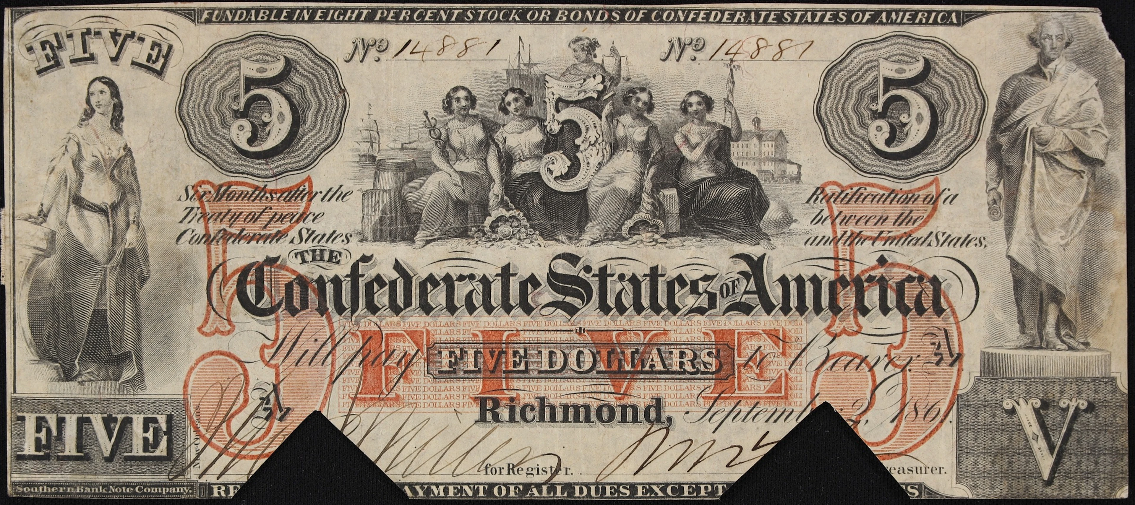 T-21. Confederate Currency. 1861 $5. Very Fine. Cut Cancelled.