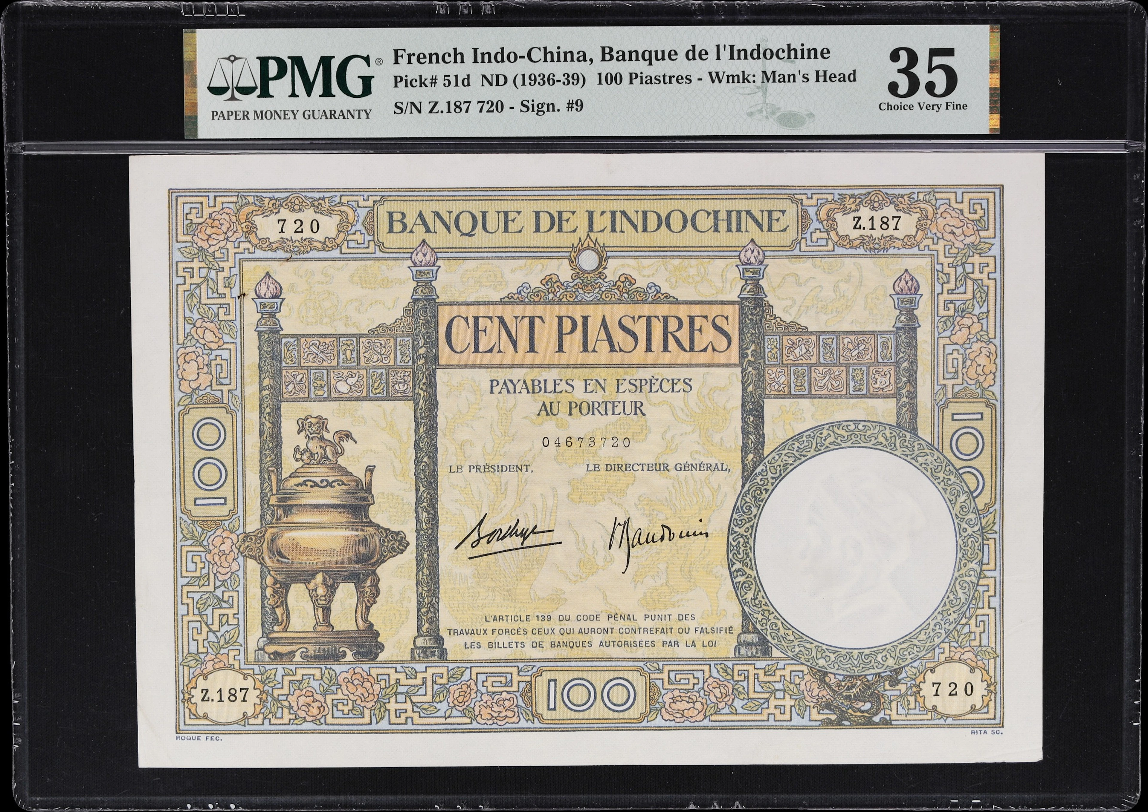 FRENCH INDO-CHINA. Banque de l'Indochine. 100 Piastres, ND (1936-39).