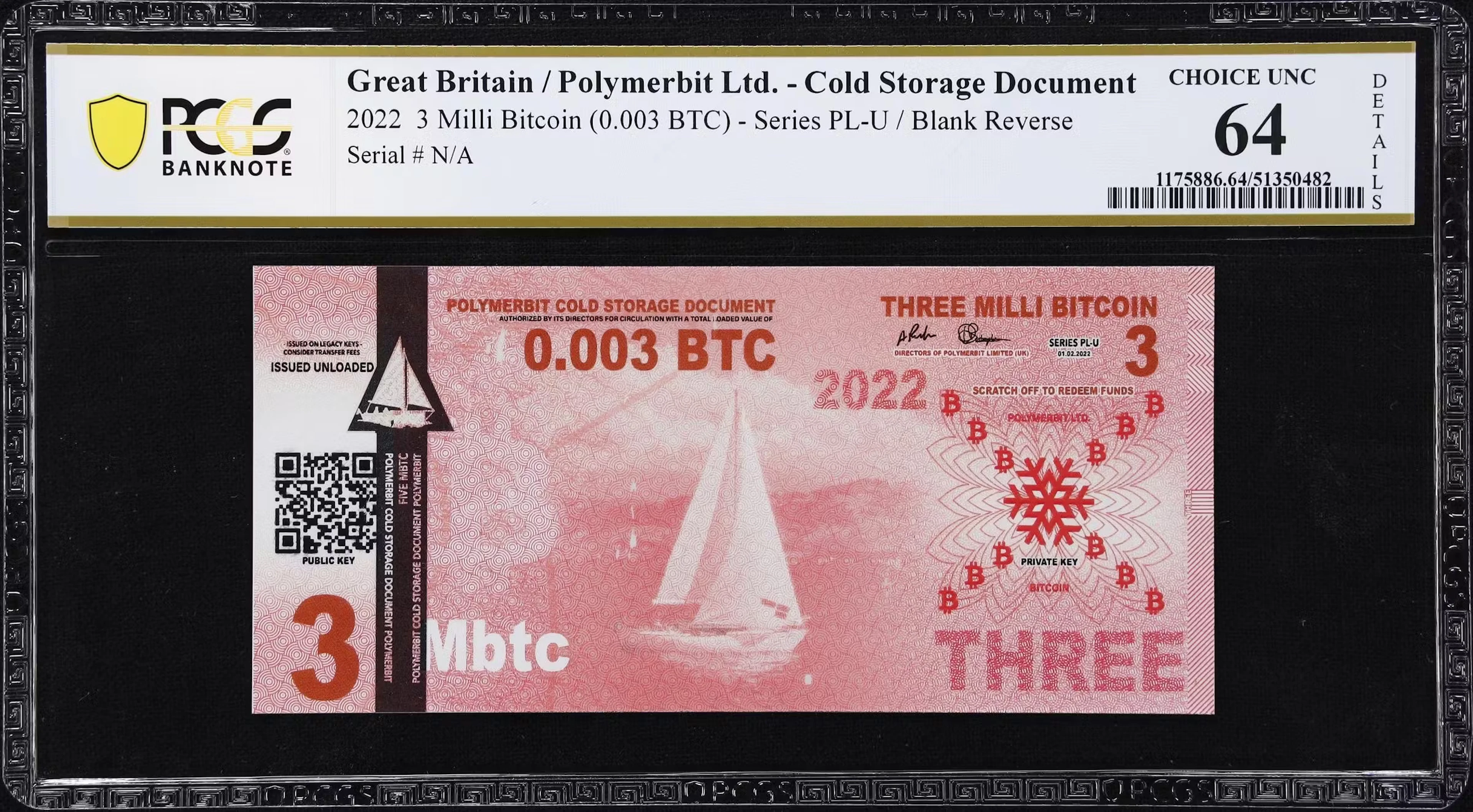 Unfunded 2022 Polymerbit 0.003 Bitcoin Banknote. Uniface Trial Printing.