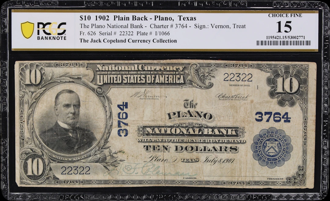 Plano, Texas. $10 1902 Plain Back. Fr. 626. Plano NB. Charter #3764.