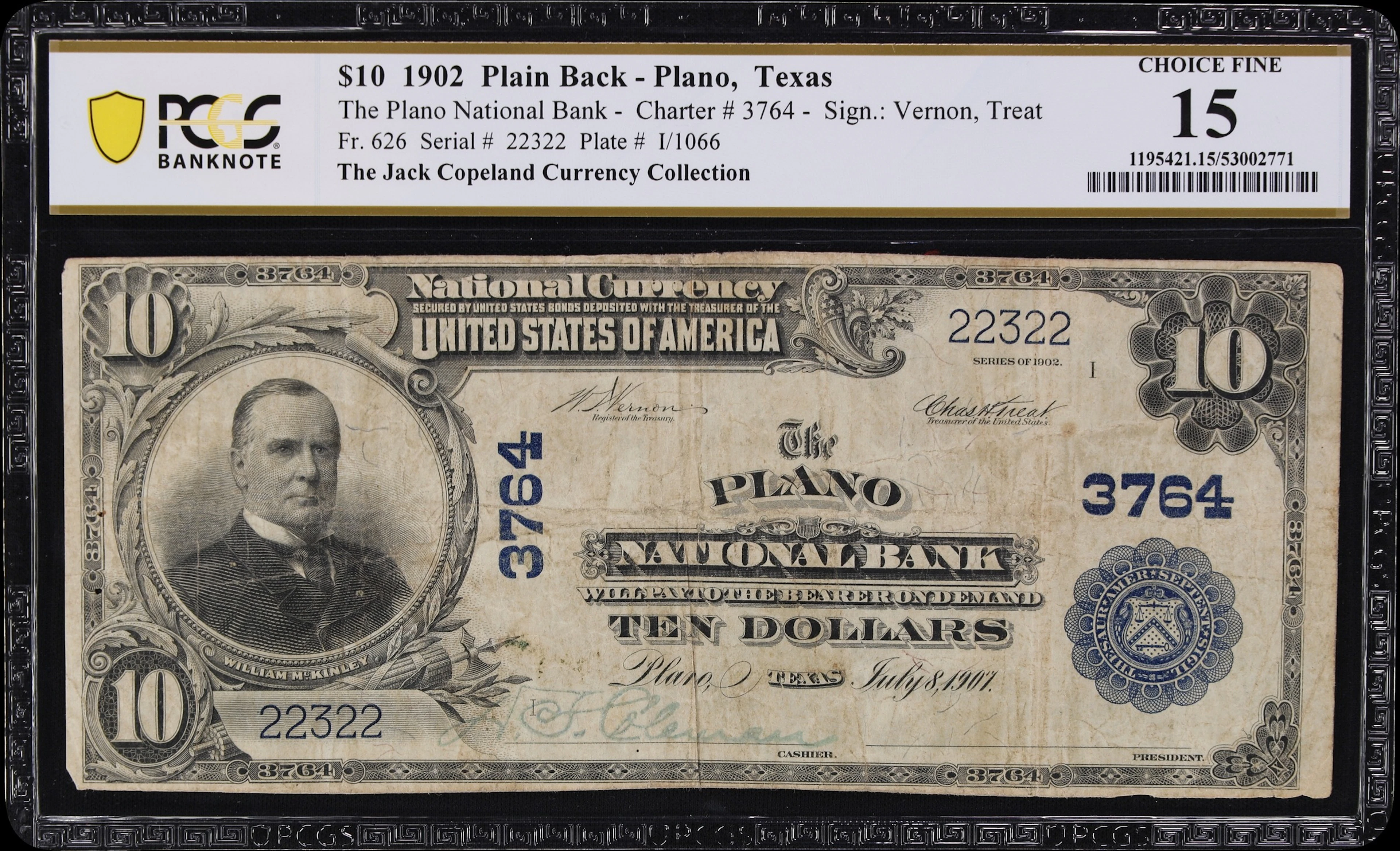 Plano, Texas. $10 1902 Plain Back. Fr. 626. Plano NB. Charter #3764.