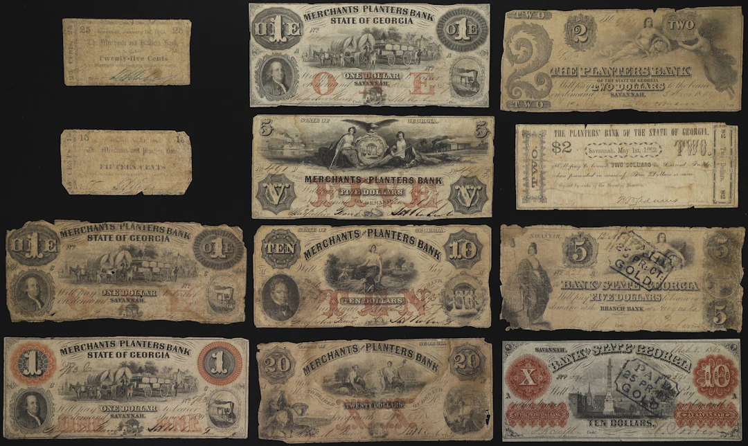 Lot of (11) Georgia Obsoletes. Mixed Issuers. 1850s - 60s Mixed Denominations.
