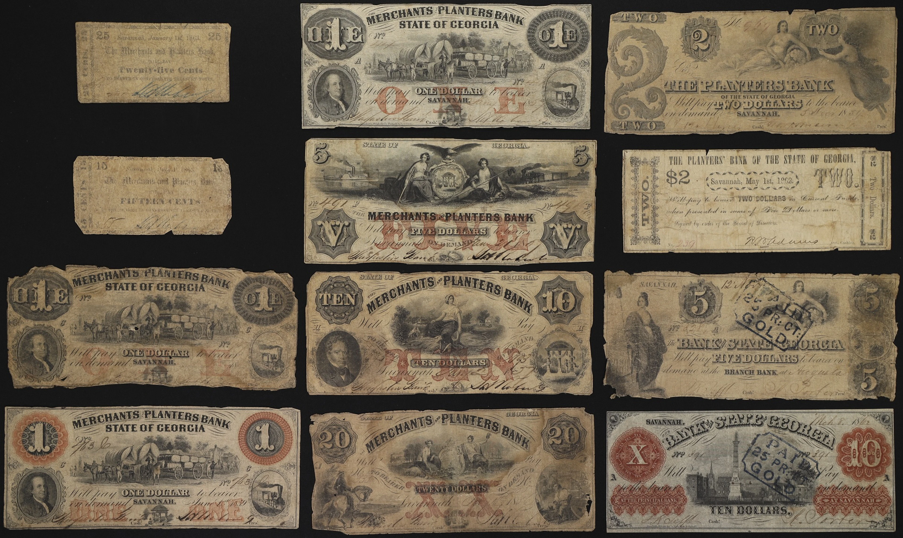 Lot of (11) Georgia Obsoletes. Mixed Issuers. 1850s - 60s Mixed Denominations.