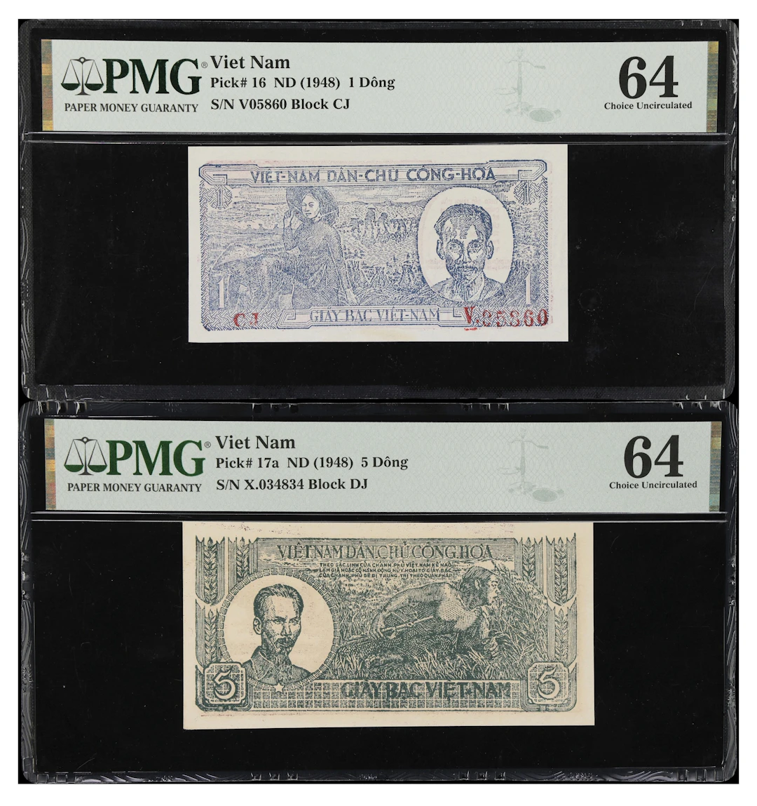 VIETNAM. Lot of (2). Viet-Nam Dan-Chu Cong-Hoa. 1 & 5 Dong, ND (1948).