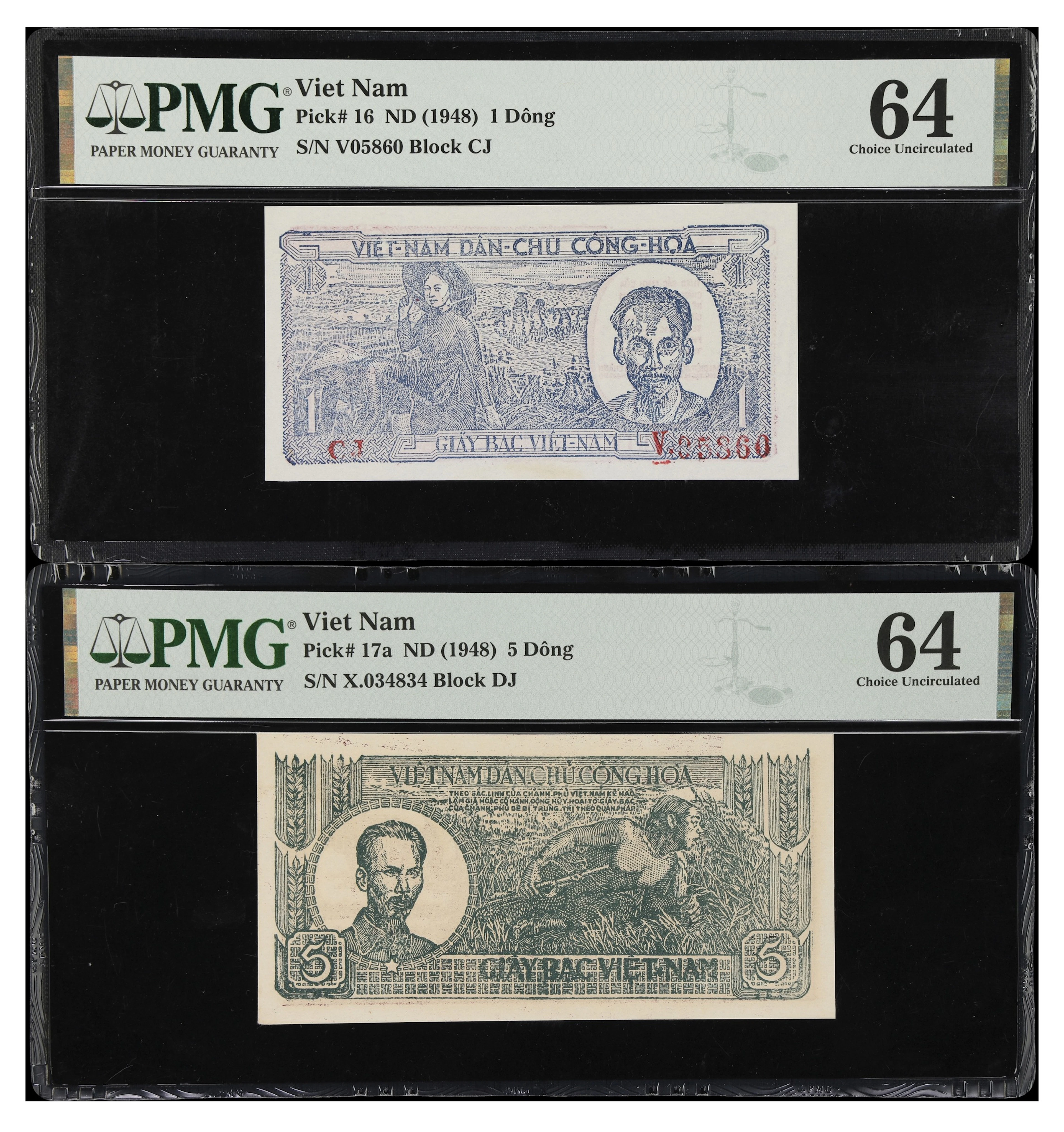 VIETNAM. Lot of (2). Viet-Nam Dan-Chu Cong-Hoa. 1 & 5 Dong, ND (1948).