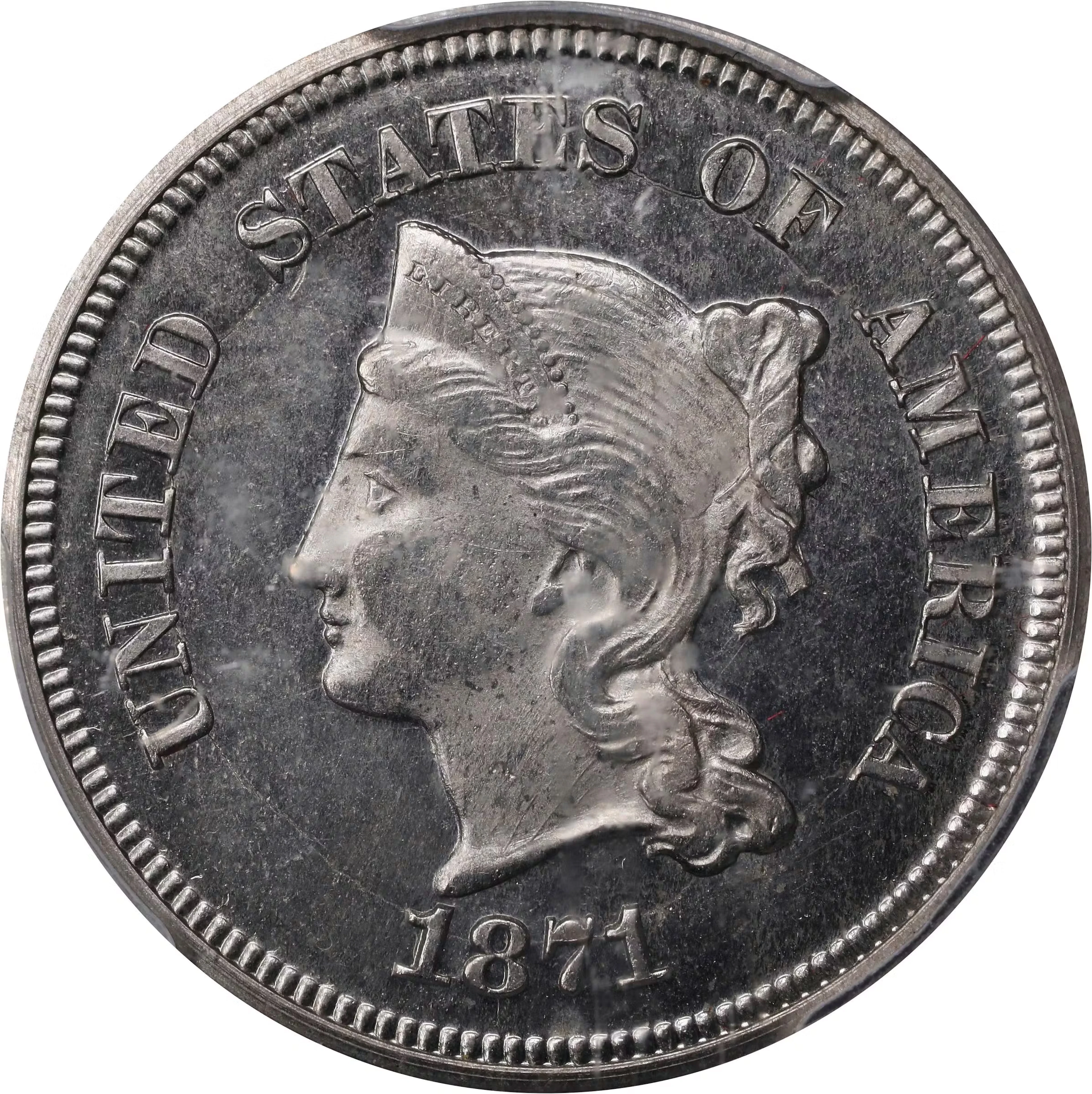 1871 Pattern Five Cents. Judd-1053, Pollock-1188. Rarity-6+. Nickel.
