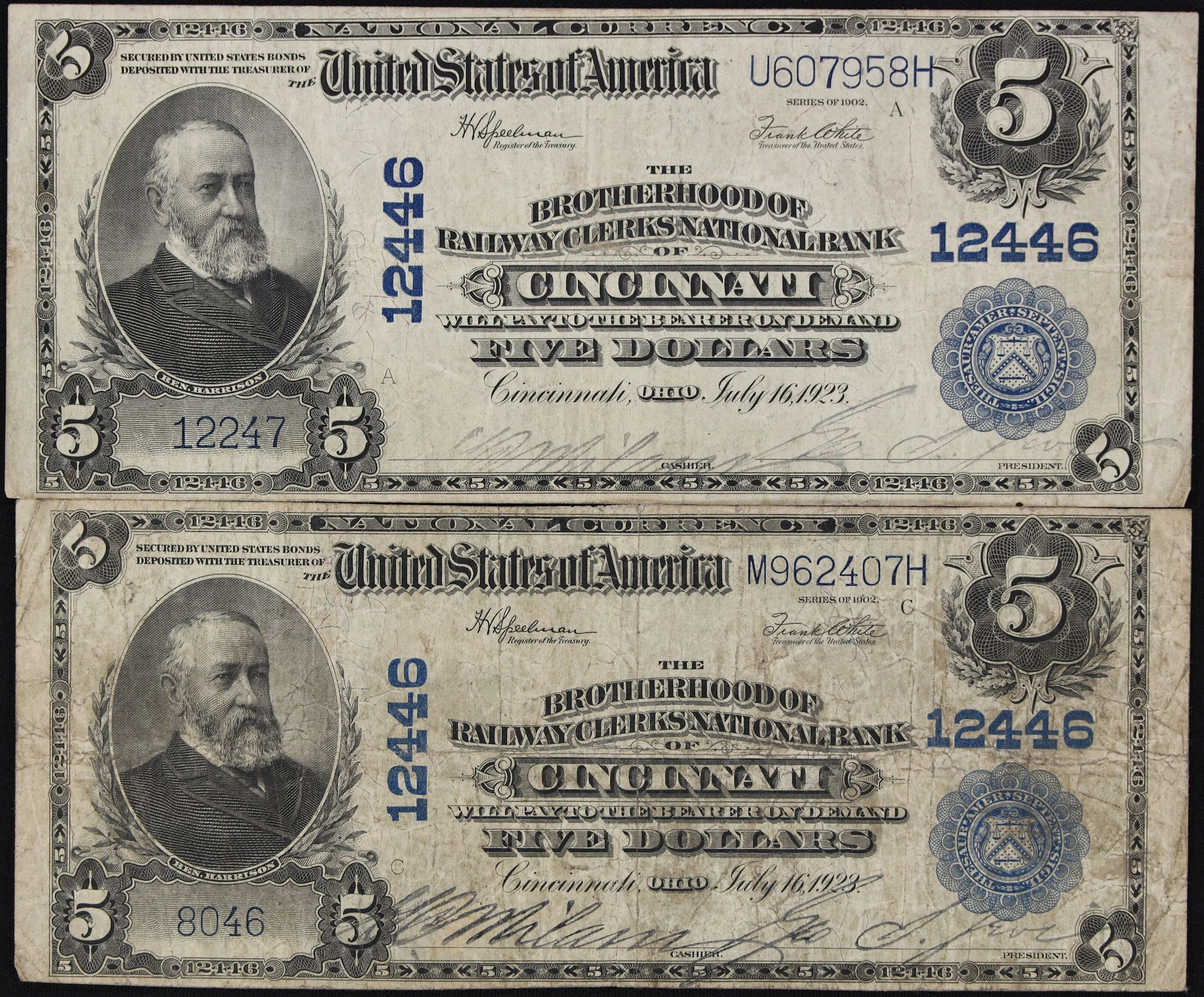Lot of (2) Cincinnati, Ohio. $5 1902 Plain Back. Fr. 609. The Brotherhood