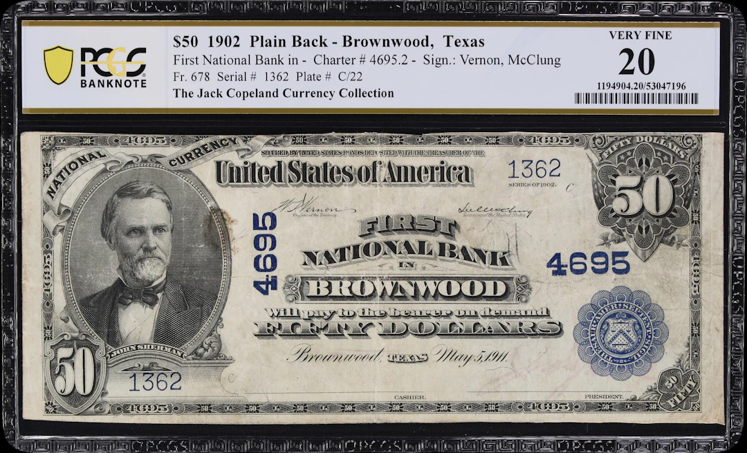 Brownwood, Texas. $50 1902 Plain Back. Fr. 678. First NB. Charter