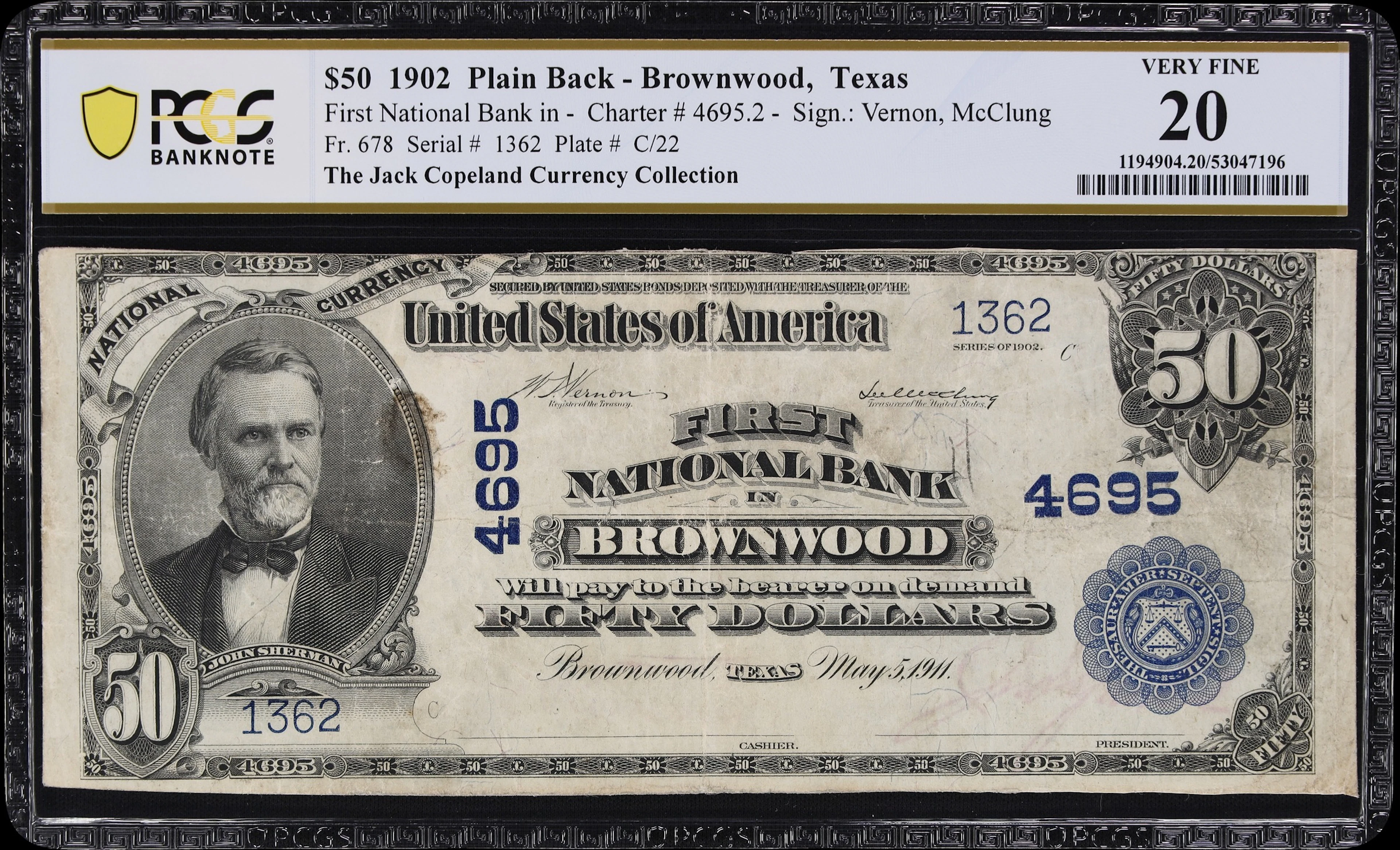 Brownwood, Texas. $50 1902 Plain Back. Fr. 678. First NB. Charter