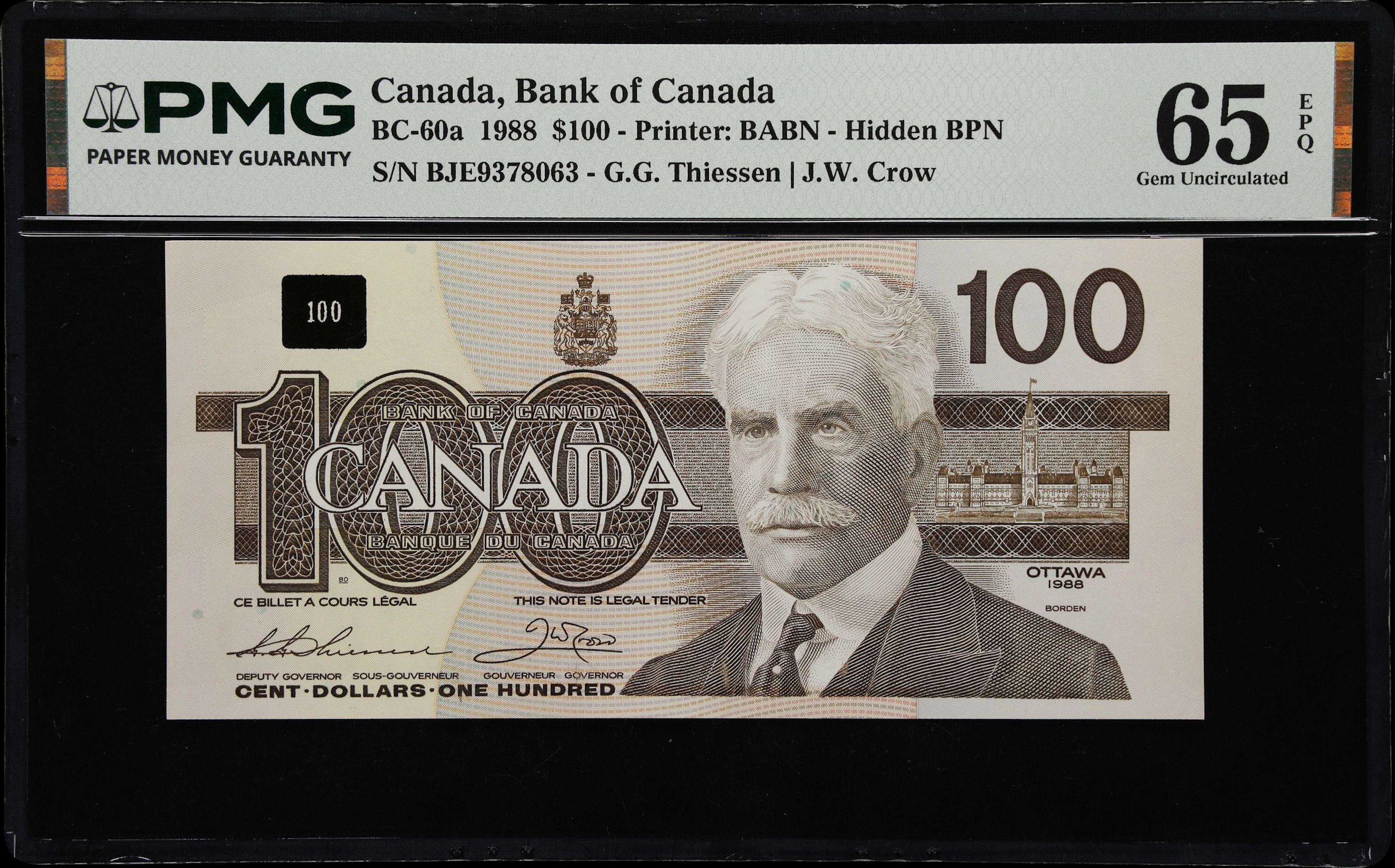 CANADA--BANK OF CANADA. Bank of Canada. 100 Dollars, 1988. BC-60a.