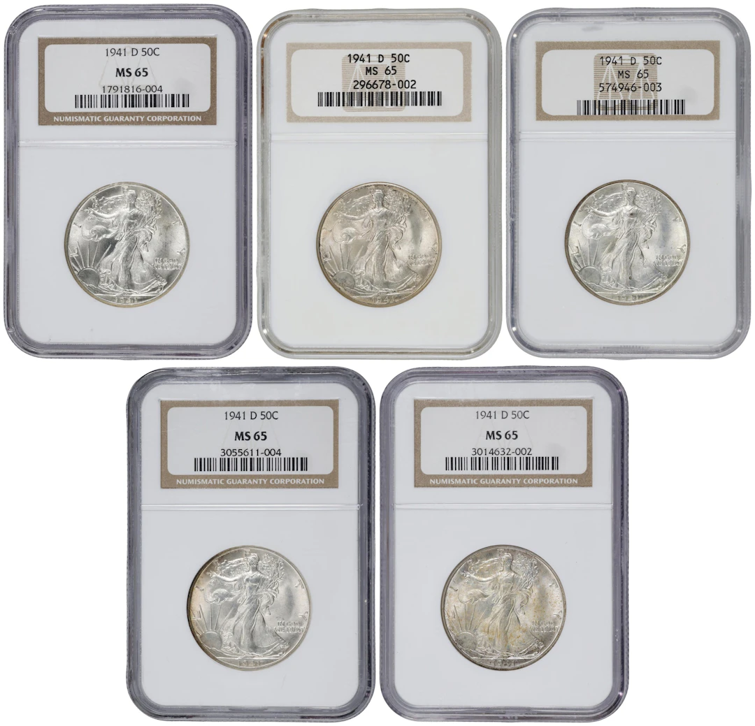 Lot of (5) 1941-D Walking Liberty Half Dollars. MS-65 (NGC).