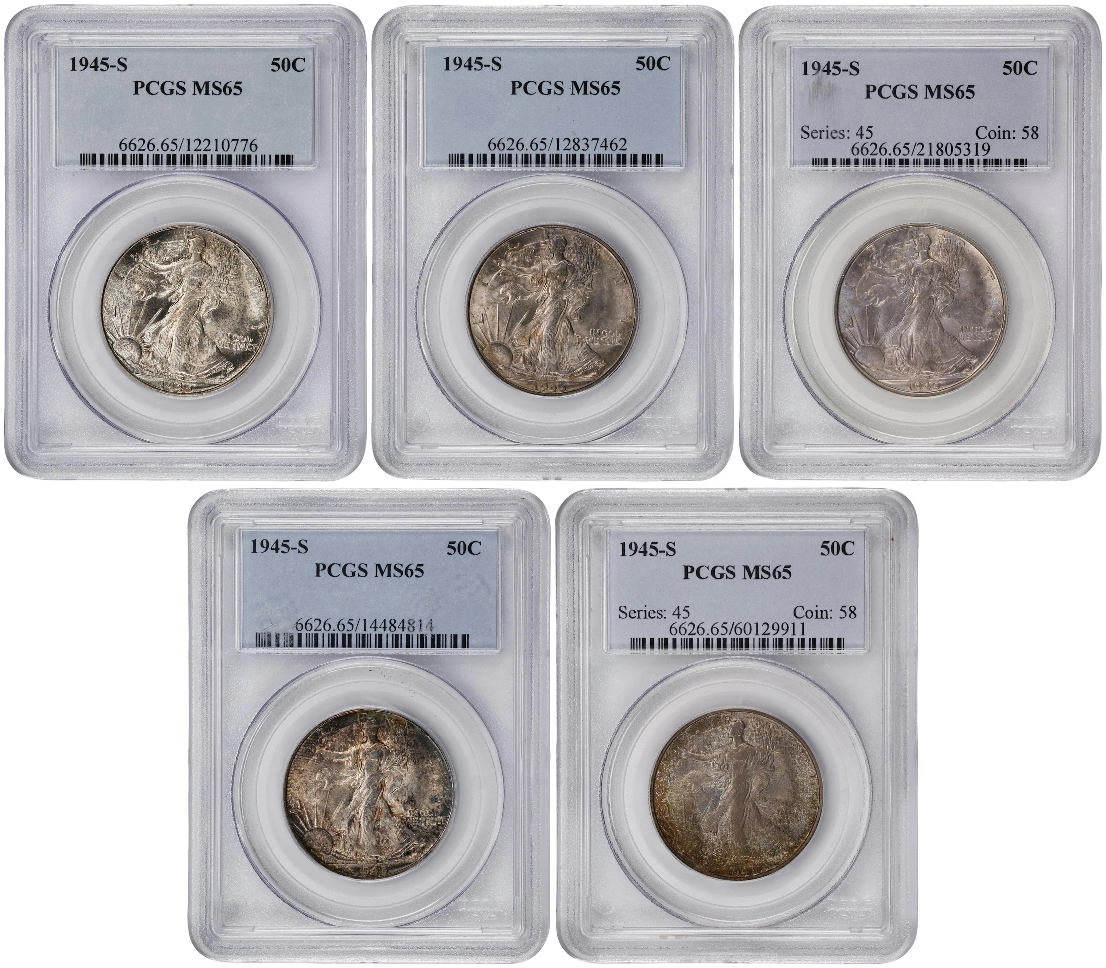 Lot of (5) 1945-S Walking Liberty Half Dollars. MS-65 (PCGS).