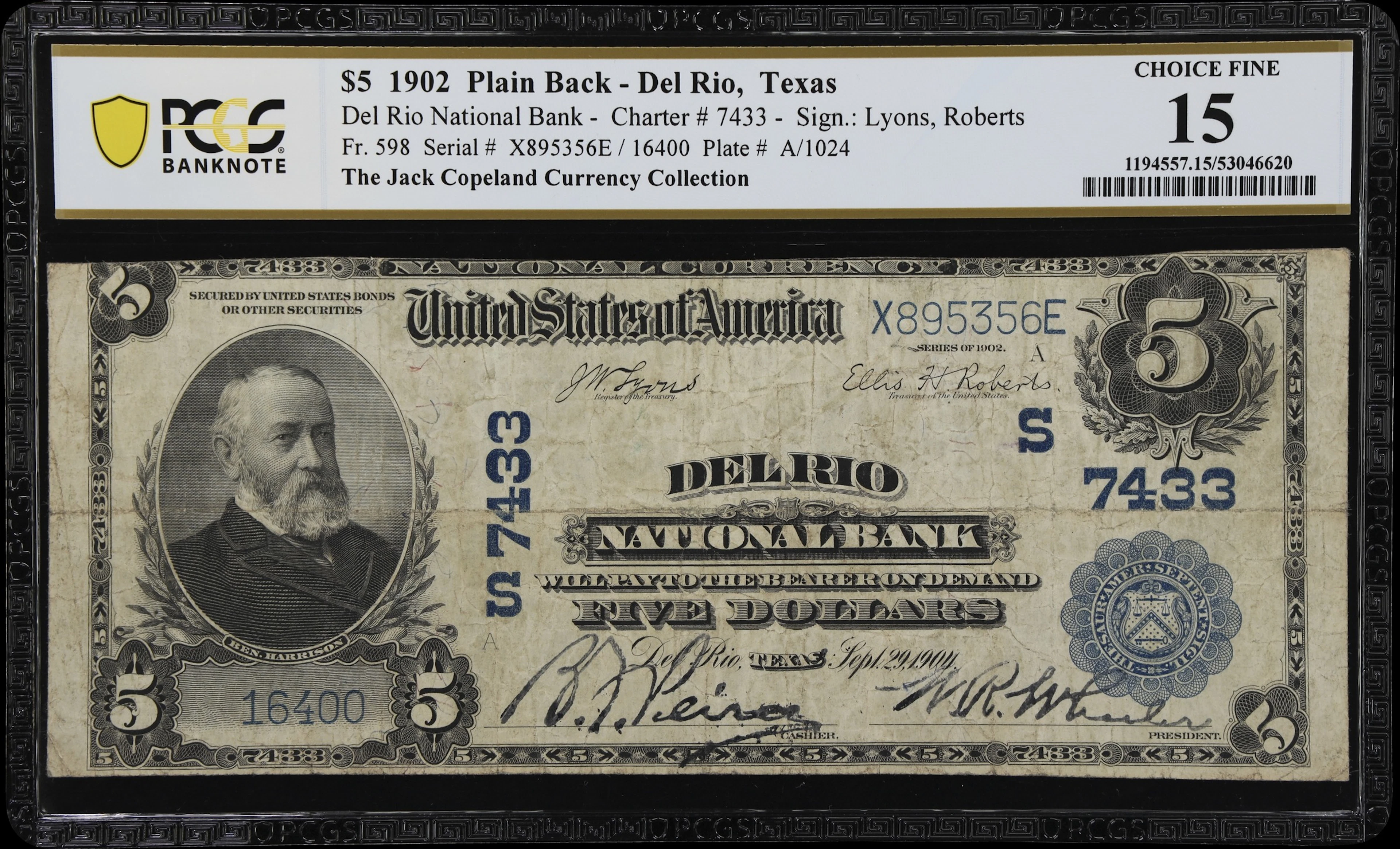 Del Rio, Texas. $5 1902 Plain Back. Fr. 598. Del Rio NB. Charter #7433.