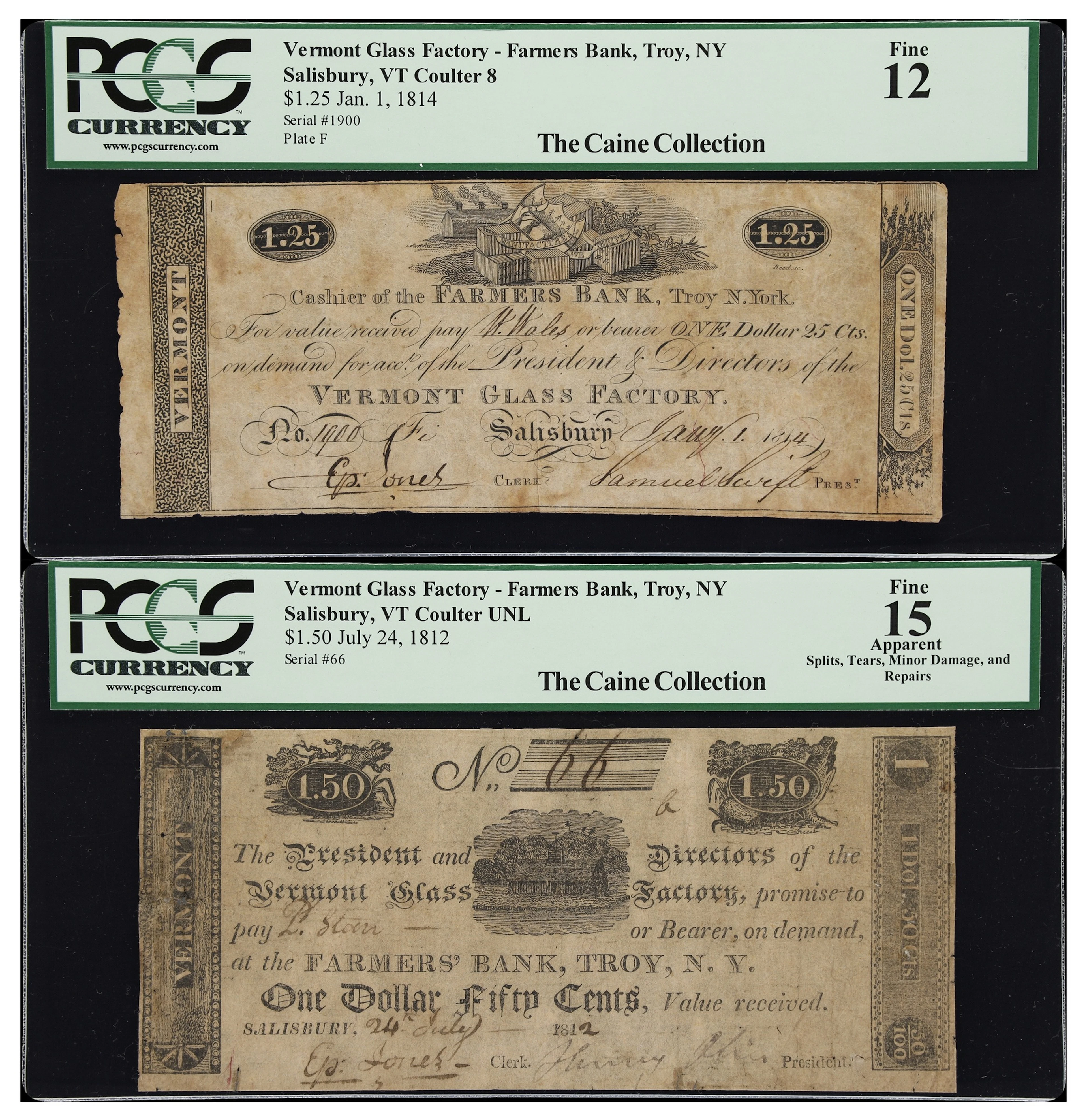 Lot of (2) Salisbury, Vermont. Vermont Glass Factory. 1812-14 $1.25