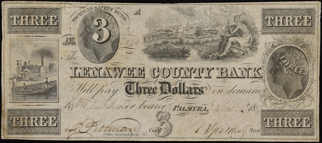 Palmyra, Michigan. Lenawee County Bank. 1837 $3. Fine.