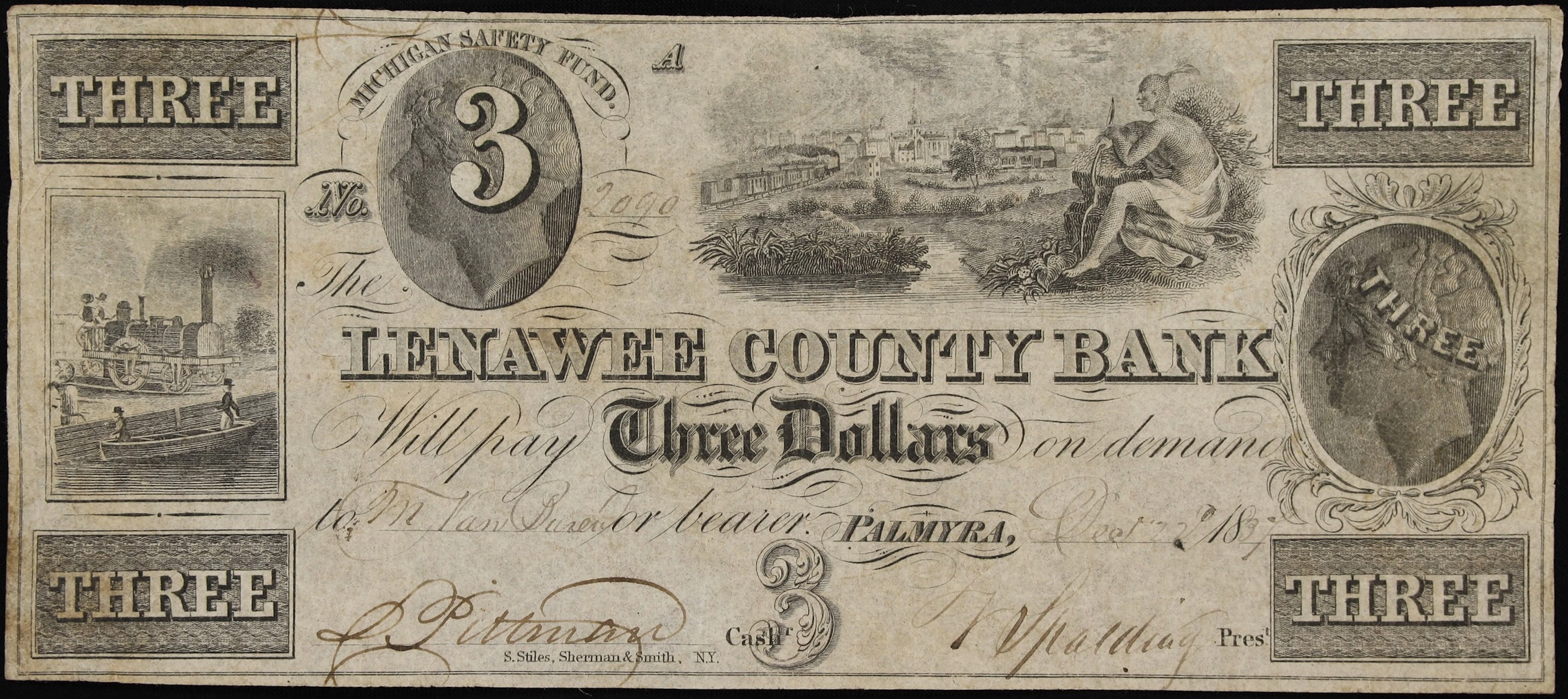 Palmyra, Michigan. Lenawee County Bank. 1837 $3. Fine.