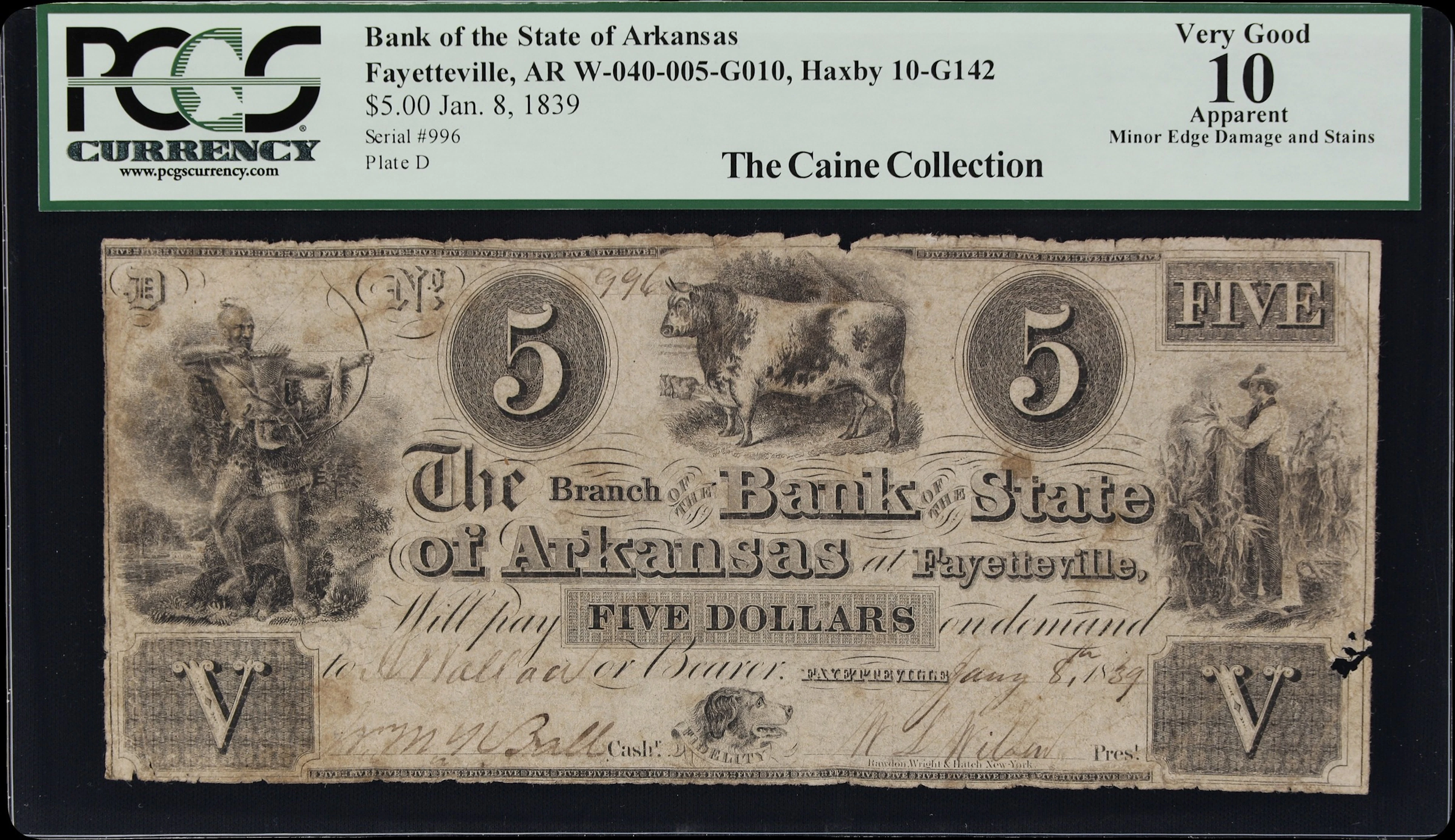 Fayetteville, Arkansas. Bank of the State of Arkansas. 1839 $5. PCGS