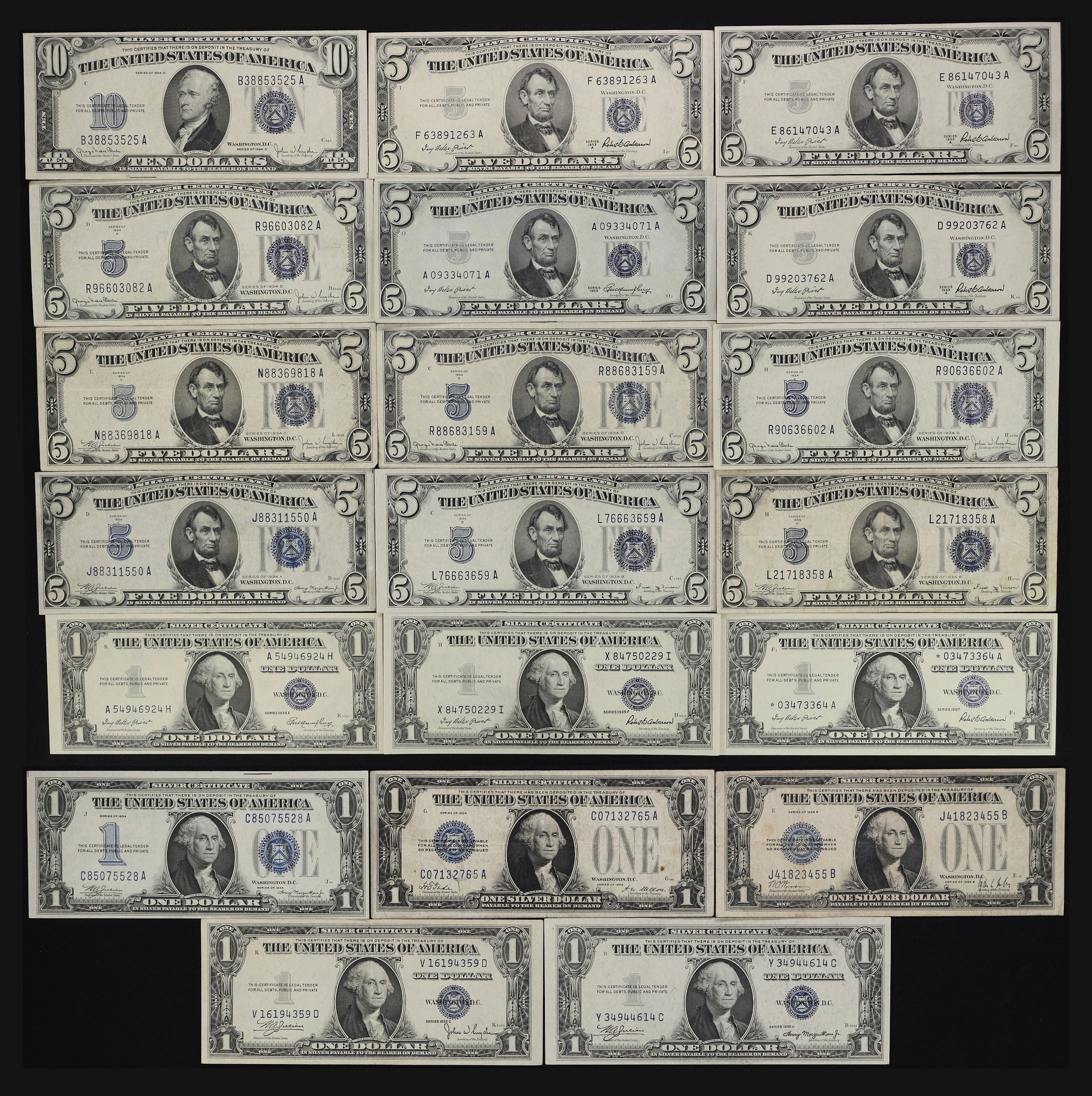 Lot of (19) Mixed Friedbergs. 1928 - 57 $1, $5, & $10 Silver Certificates.